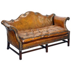 Rare Restored Camel Back Chippendale Buttoned Chesterfield Sofa Brown Leather