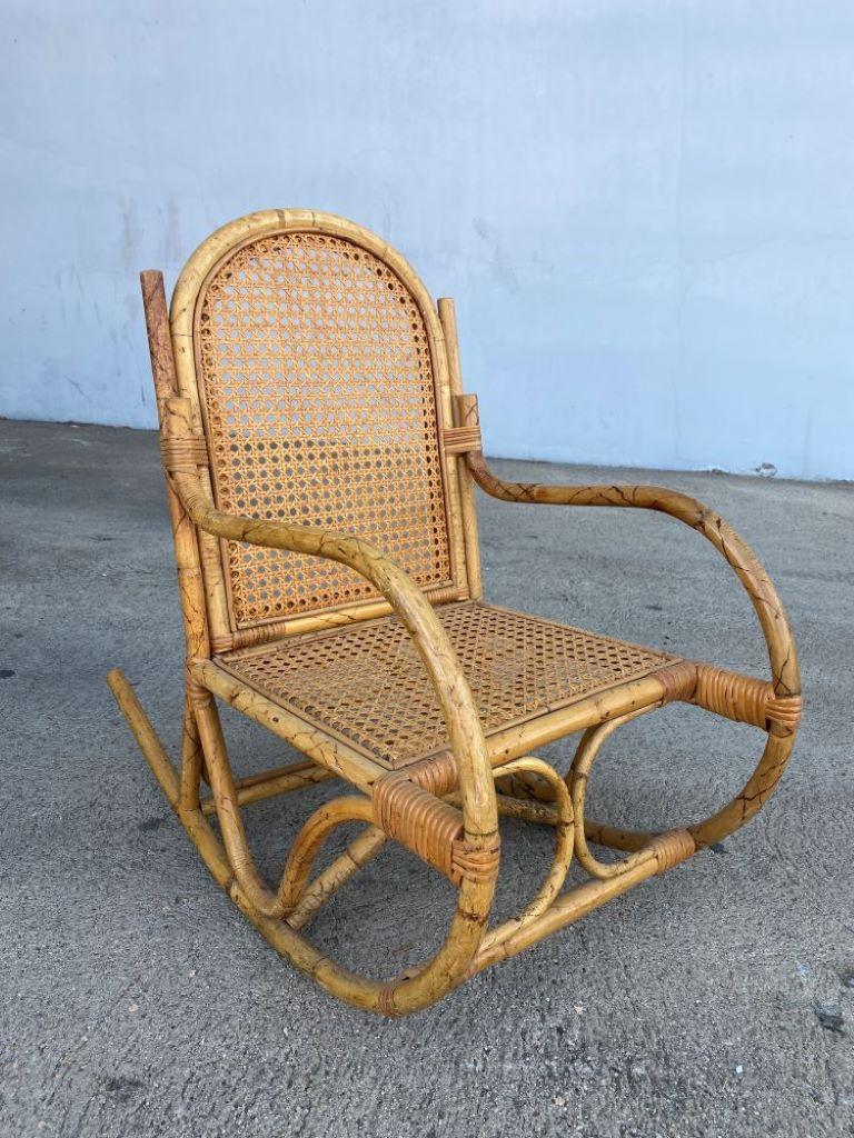 Rare Restored Child Size Woven Wicker and Tiger Bamboo Rocking Chair at ...