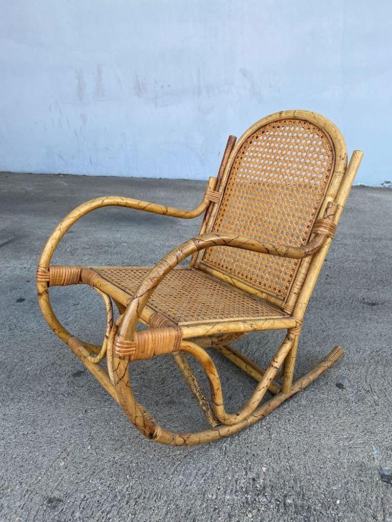 Rare Restored Child Size Woven Wicker and Tiger Bamboo Rocking Chair In Excellent Condition In Van Nuys, CA