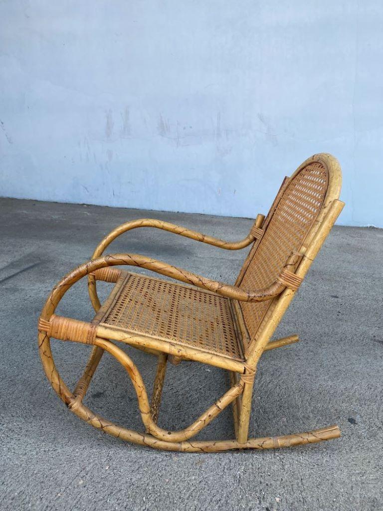 Mid-20th Century Rare Restored Child Size Woven Wicker and Tiger Bamboo Rocking Chair