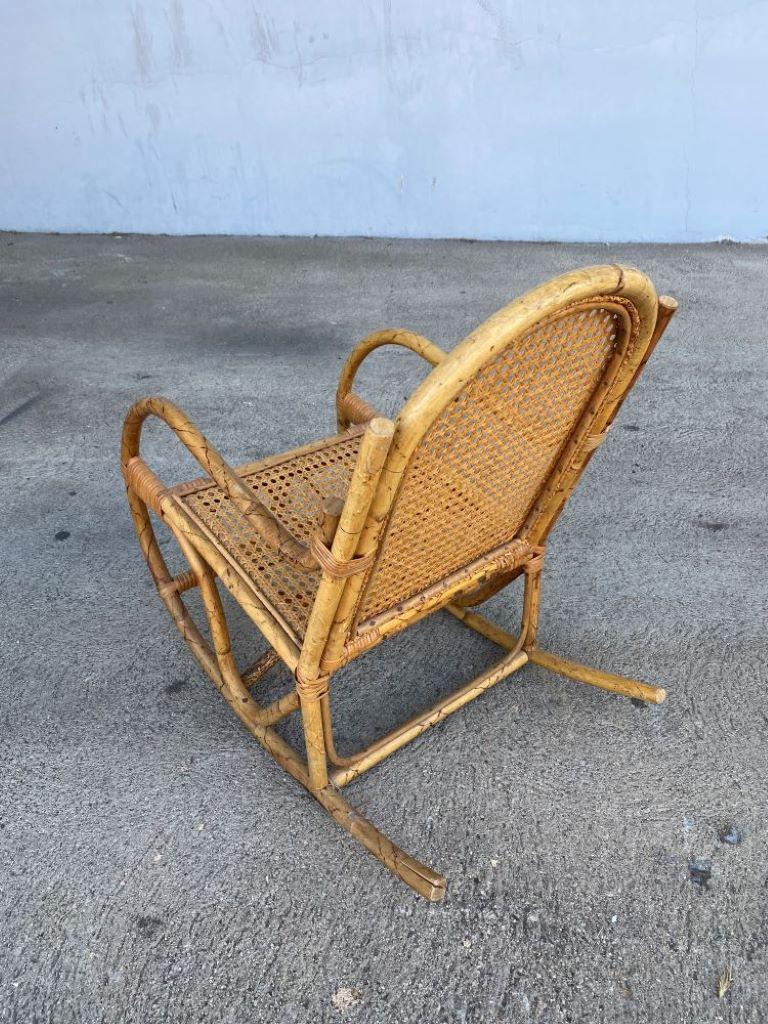 Rare Restored Child Size Woven Wicker and Tiger Bamboo Rocking Chair 1