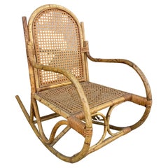Rare Restored Child Size Woven Wicker and Tiger Bamboo Rocking Chair