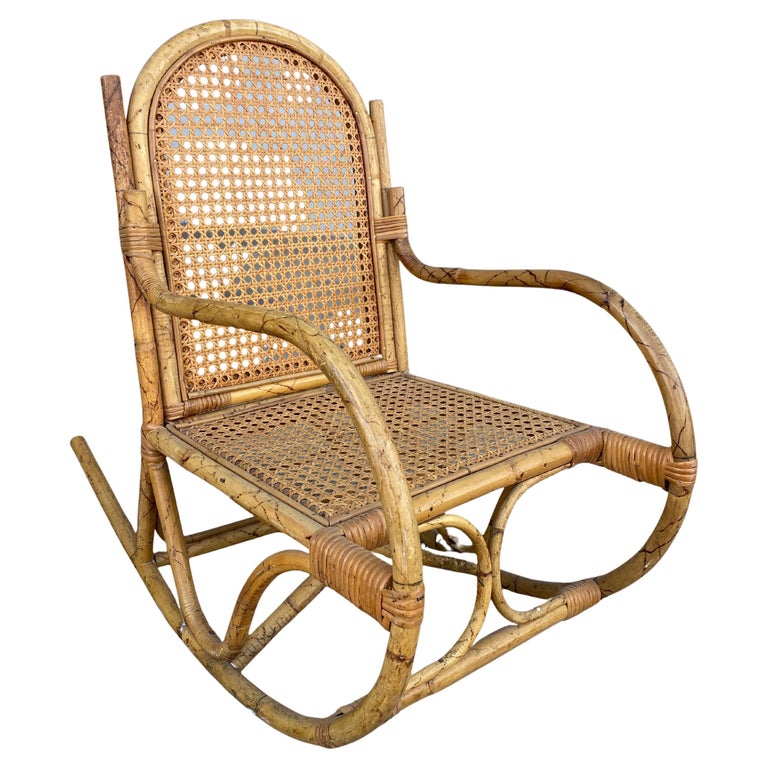 Rare Restored Child Size Woven Wicker and Tiger Bamboo Rocking Chair at ...