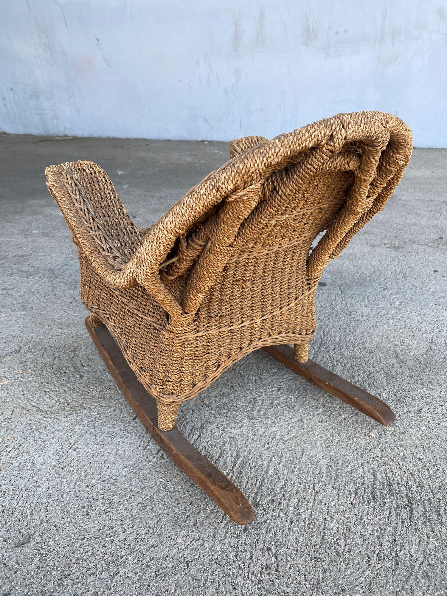 Rare Restored Child Size Woven Wicker Rocking Chair In Excellent Condition In Van Nuys, CA