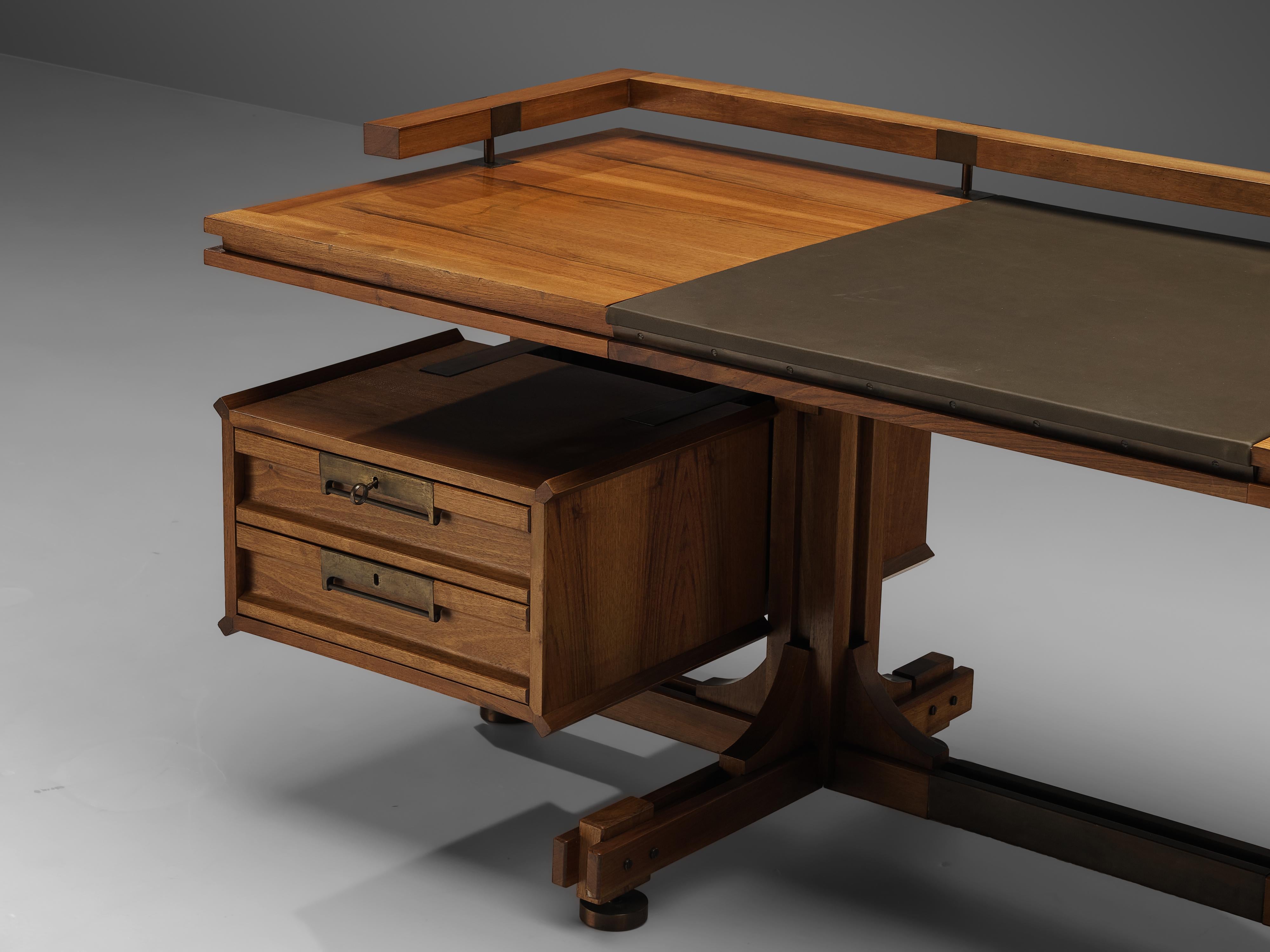 Mid-Century Modern Rare Restored Italian Executive Desk in Walnut with Brass Details