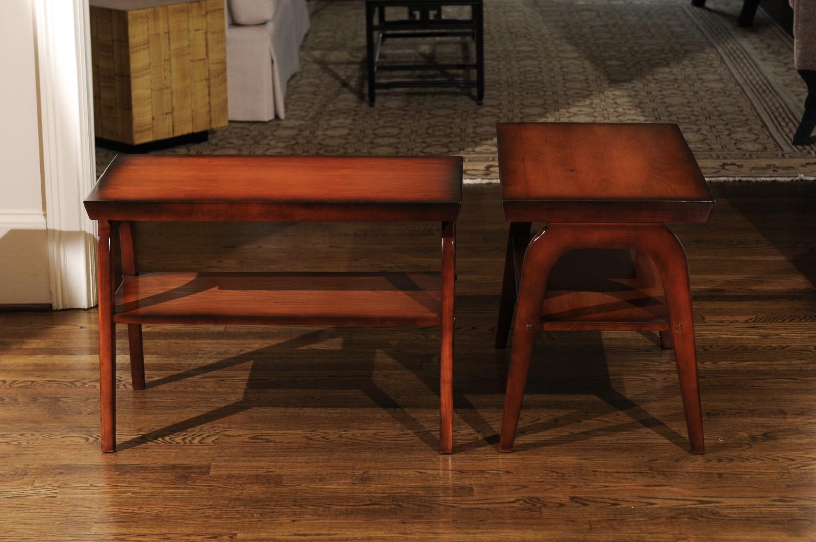 An exceptional pair of vintage end tables from a nearly impossible to find series. These unusual examples are a part of the boutique Far Horizons Collection, produced by long time Ficks Reed designer John Wisner, introduced in 1954. Beautifully