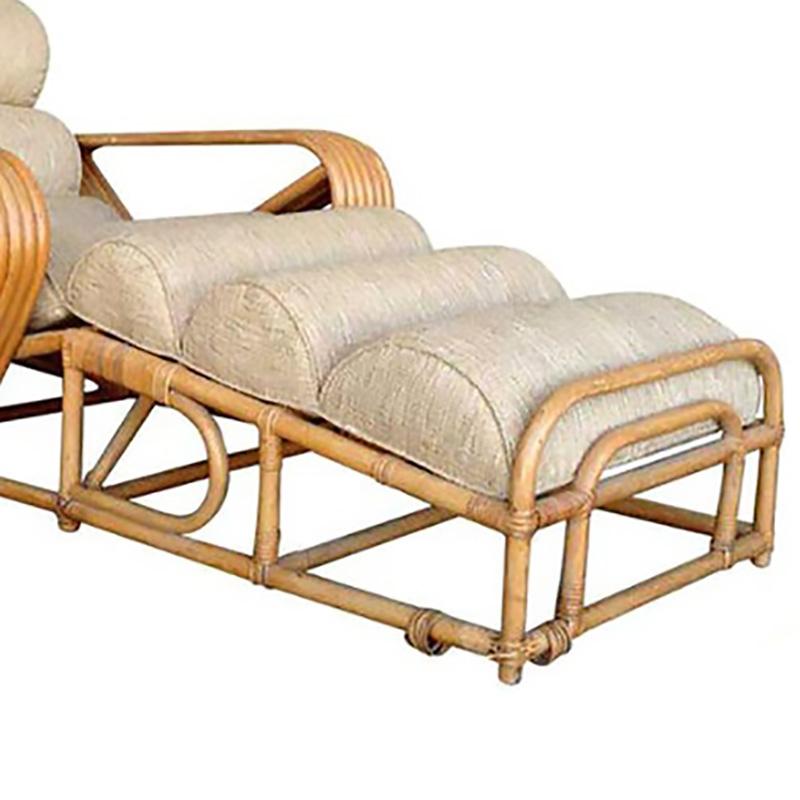 Rare Rattan chaise lounge chairs with Paul Frankl six-strand square pretzel arms. Professionally restored. 

New custom cushions are included C.O.M. 
Restored to new for you. 

All rattan, bamboo and wicker furniture has been painstakingly