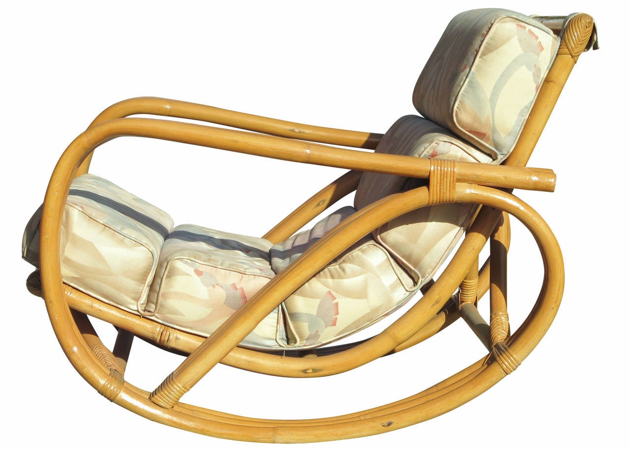 American Rare Restored Pretzel Arm Rattan Rocking Chair with Ottoman For Sale
