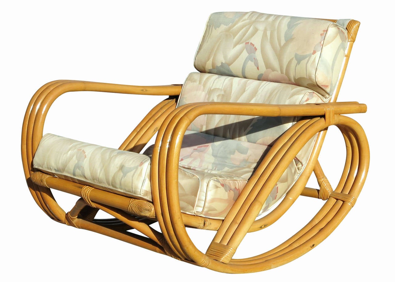 Rare Restored Pretzel Arm Rattan Rocking Chair with Ottoman For Sale 1