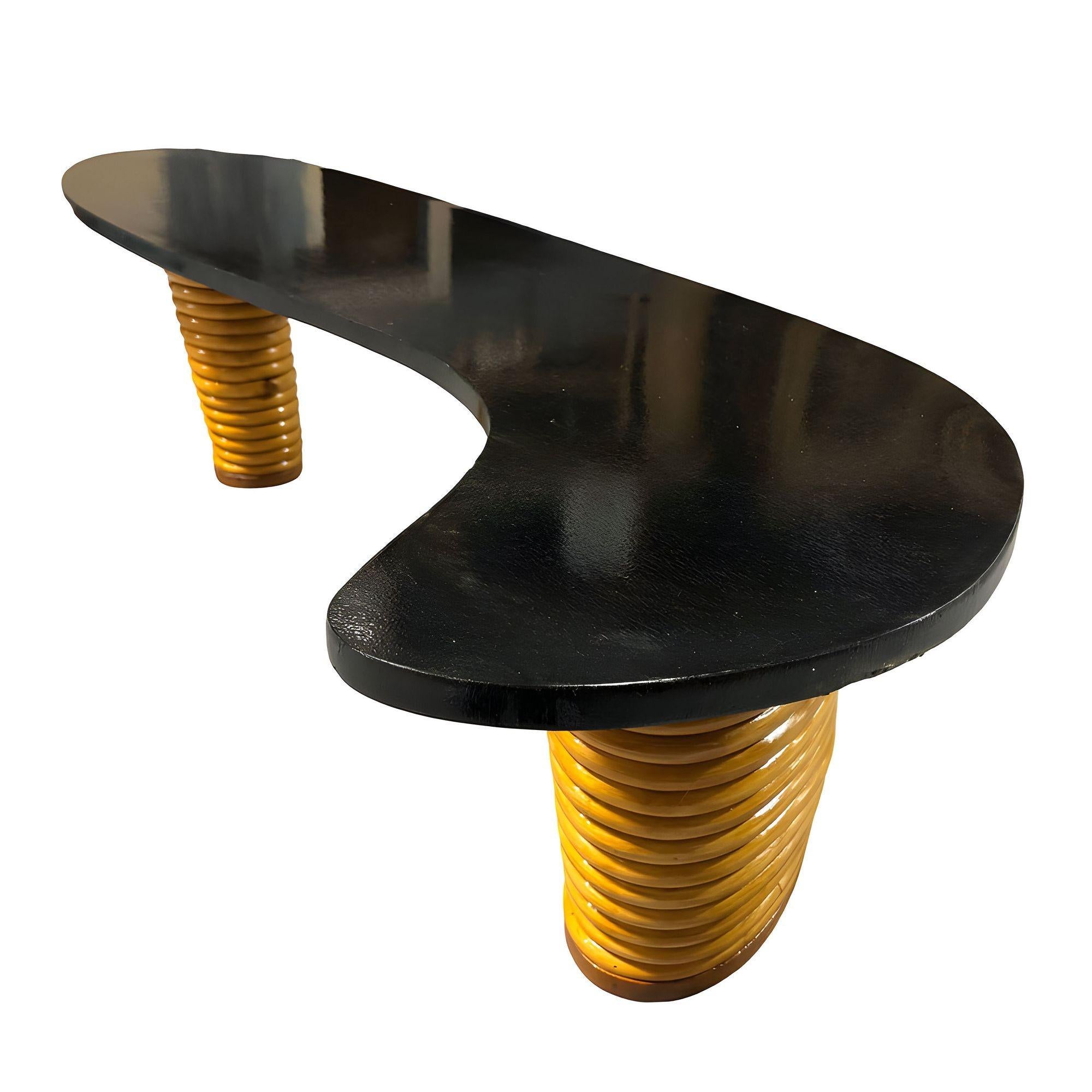 Mid-20th Century Rare Restored Rattan Amoeba L-Shaped Coffee Table w/ Stacked Legs For Sale