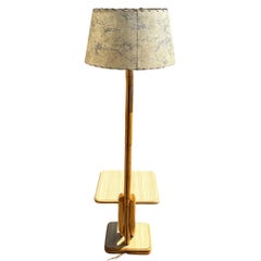Rare Restored Two-tier Rattan Floor Lamp w/ Built-In Formica Top Side Table