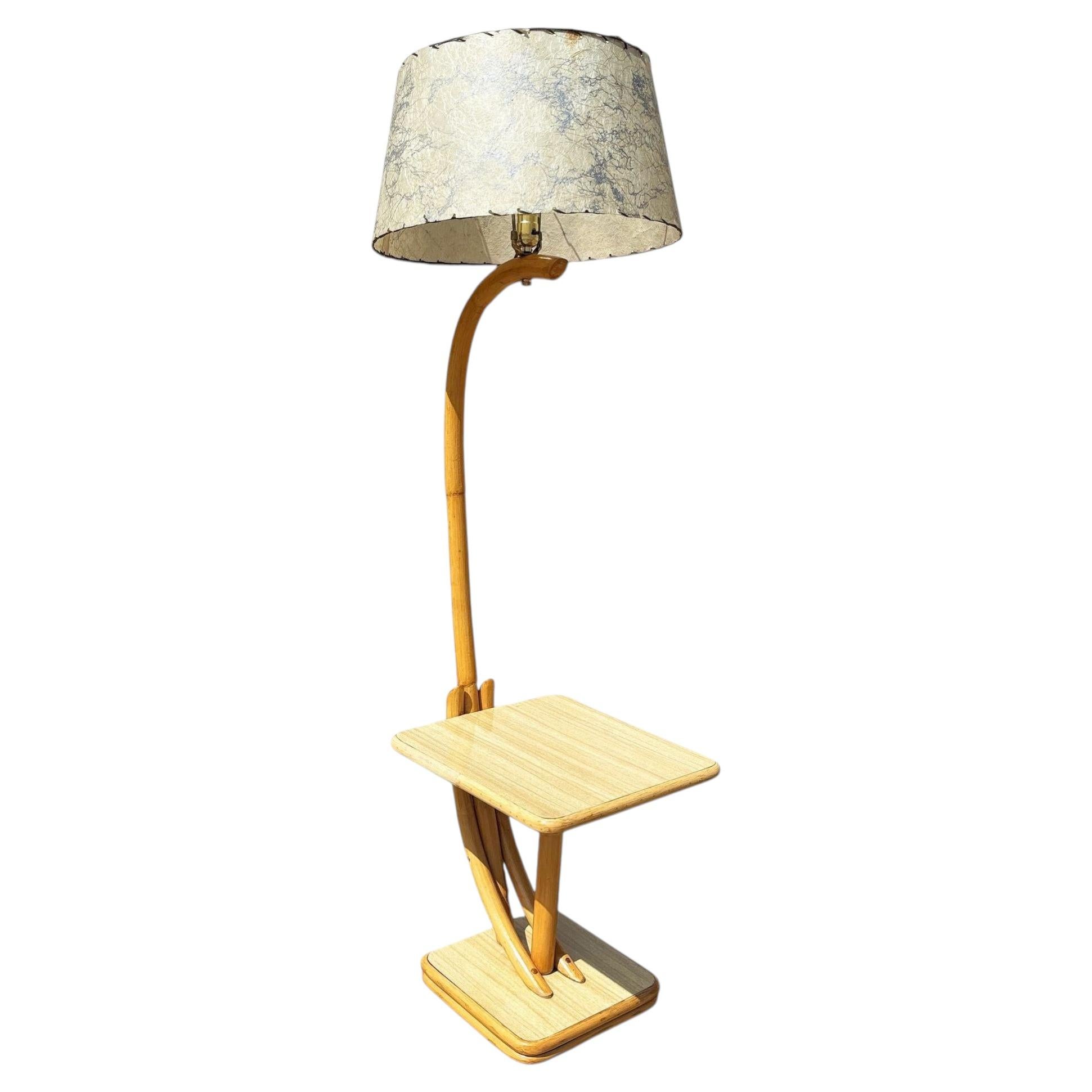 Rare Restored Two-tier Rattan Floor Lamp w/ Built-In Formica Top Side Table For Sale