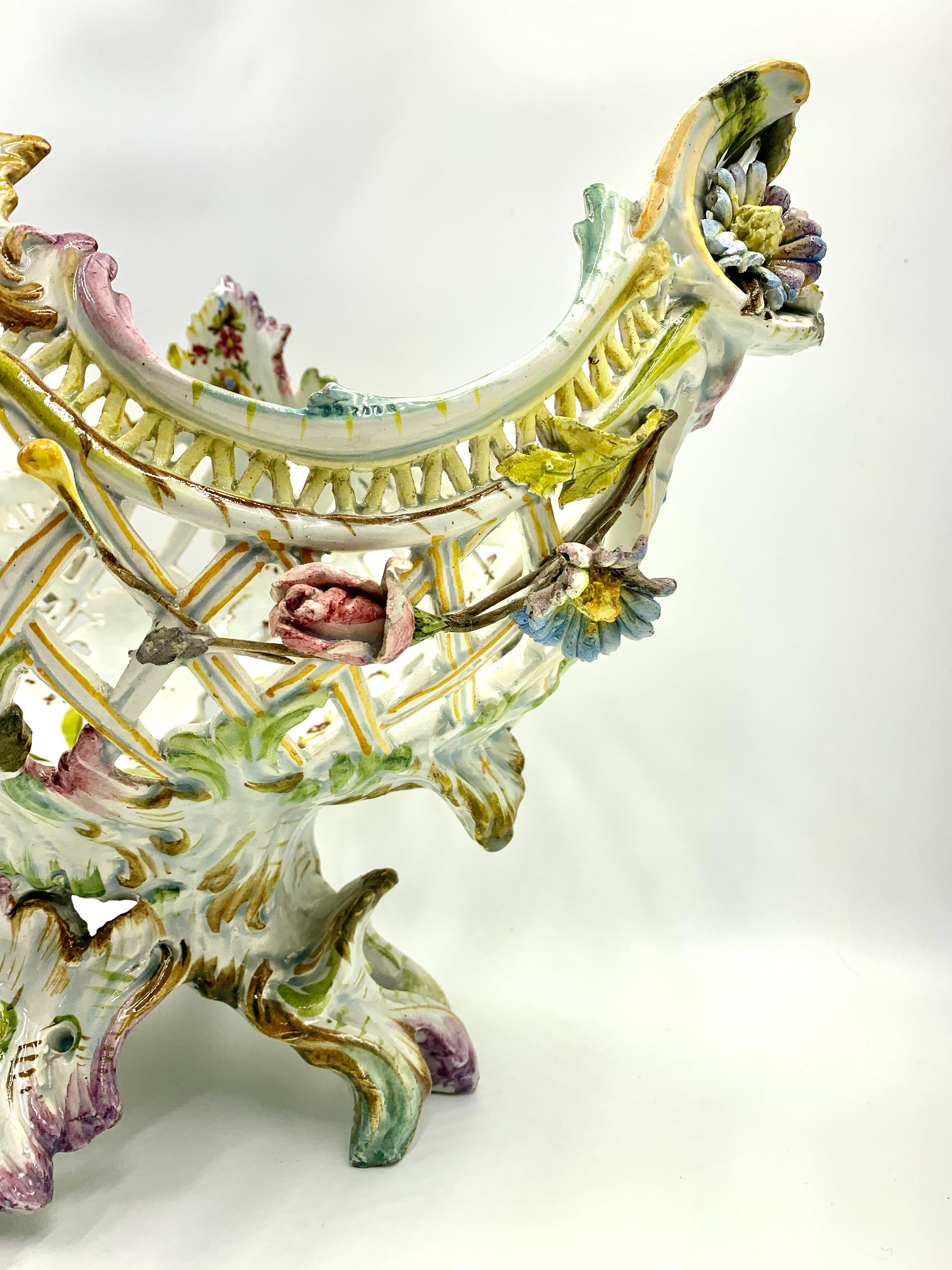 Rare Reticulated Antique Italian Nove Faience Rococo Flower Garland Centerpiece For Sale 1