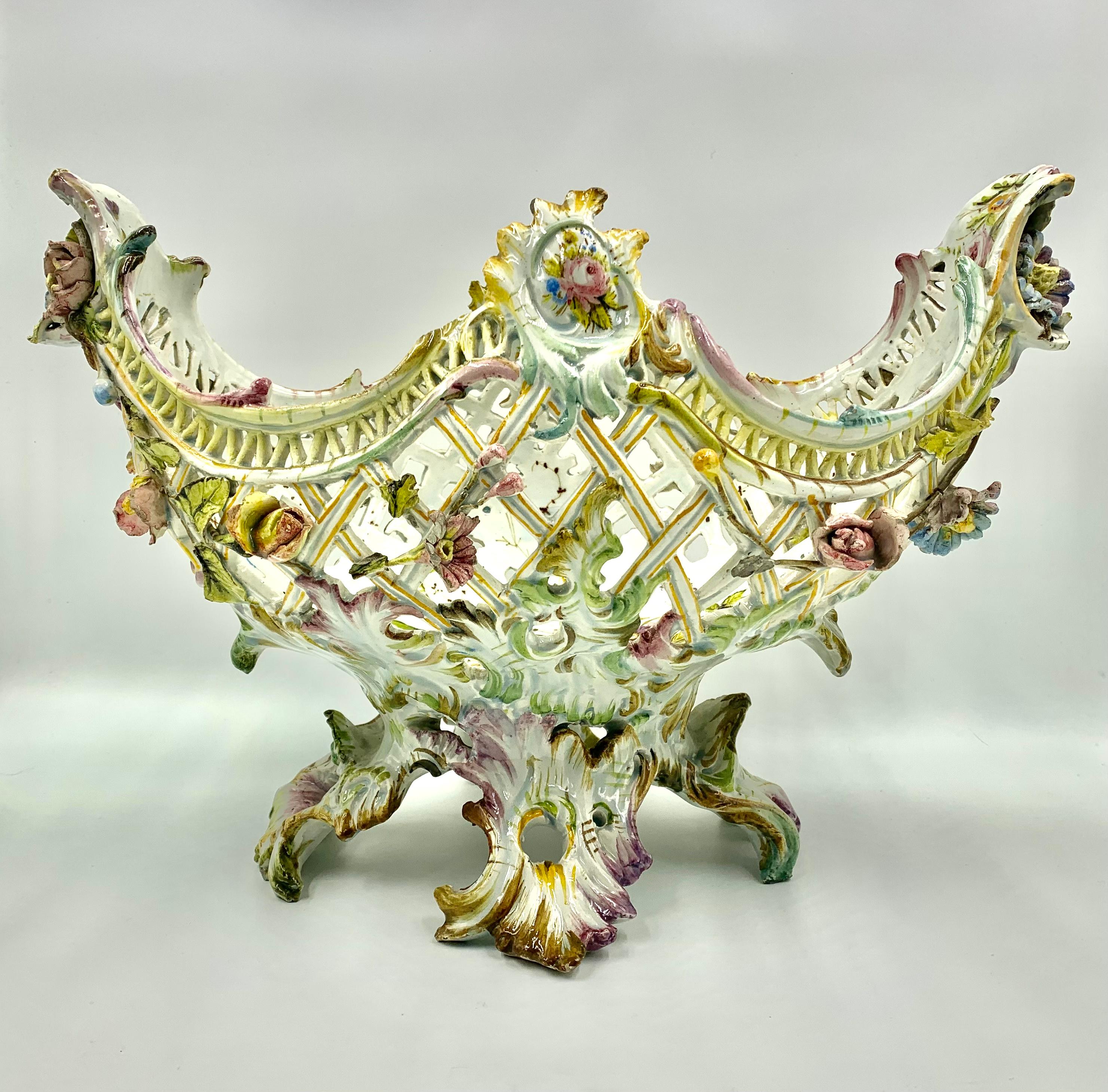 Rare Reticulated Antique Italian Nove Faience Rococo Flower Garland Centerpiece For Sale 5