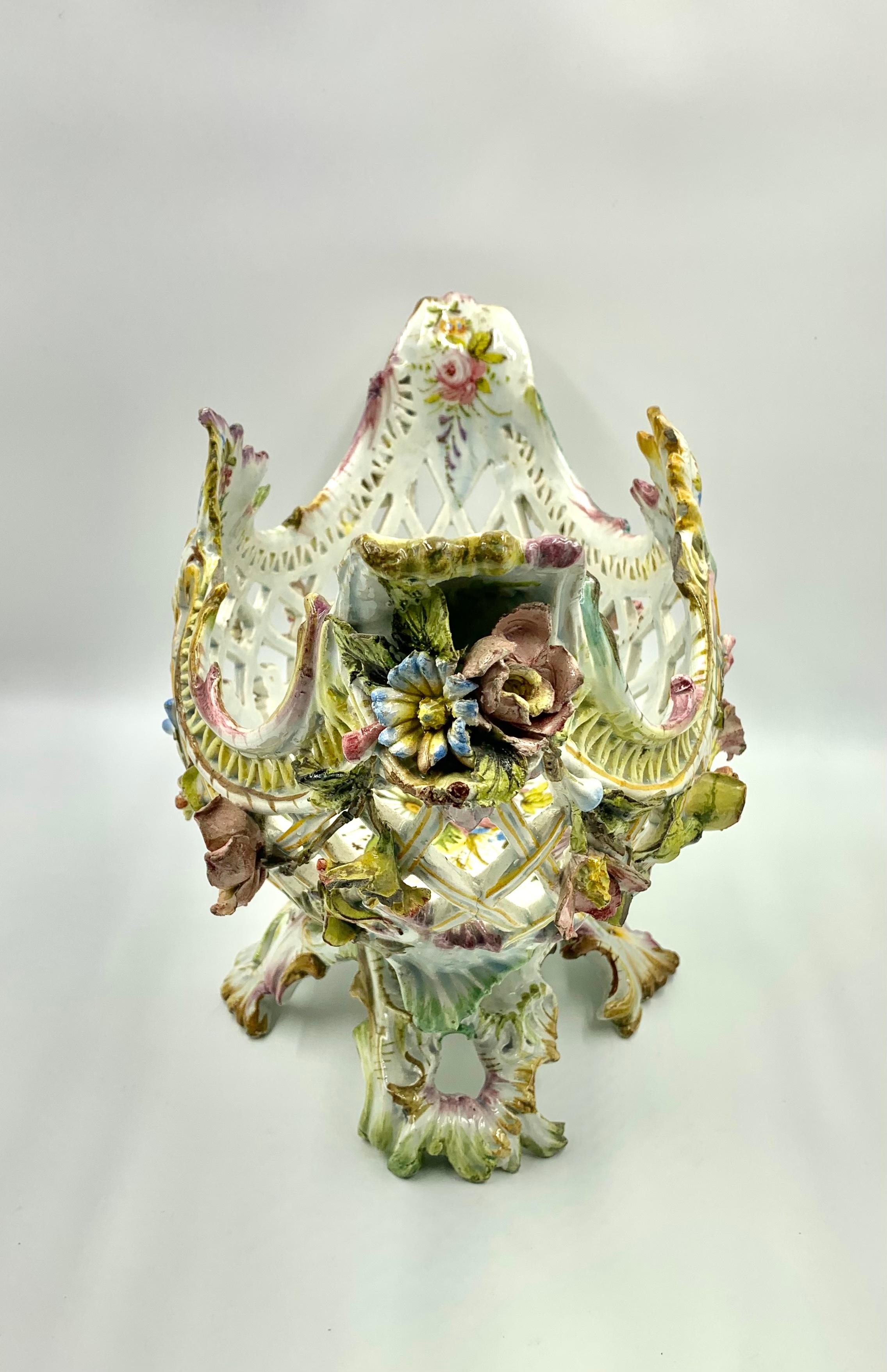 19th Century Rare Reticulated Antique Italian Nove Faience Rococo Flower Garland Centerpiece For Sale