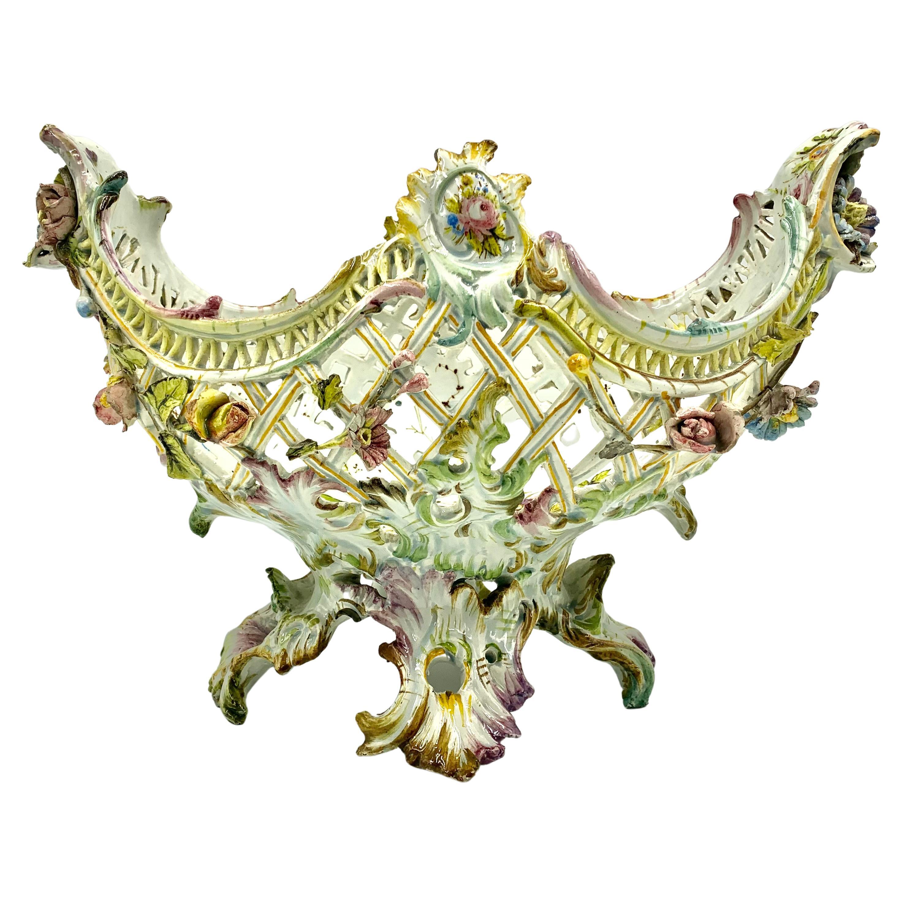 Rare Reticulated Antique Italian Nove Faience Rococo Flower Garland Centerpiece For Sale