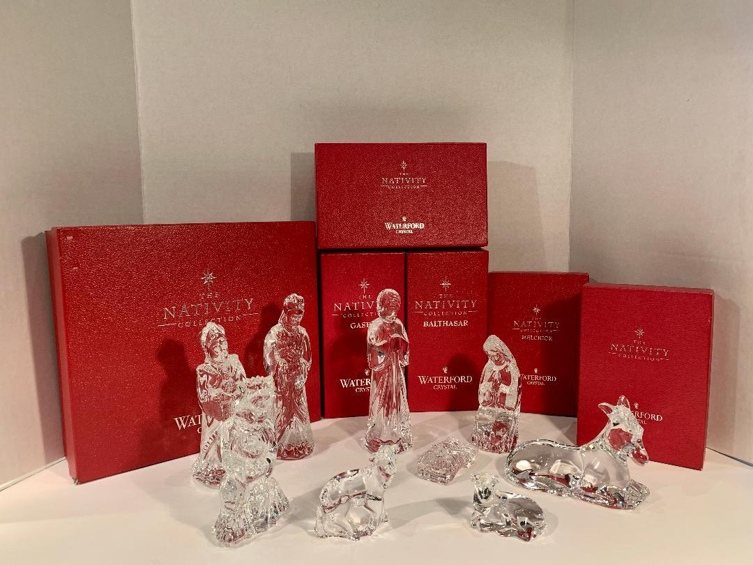 Beautiful and very collectible, handmade in Ireland, estate Waterford Crystal (not to be confused with Waterford Marquis which is much cheaper) nine piece nativity set in excellent pre-owned condition, circa 1994-1999 only. Includes original boxes