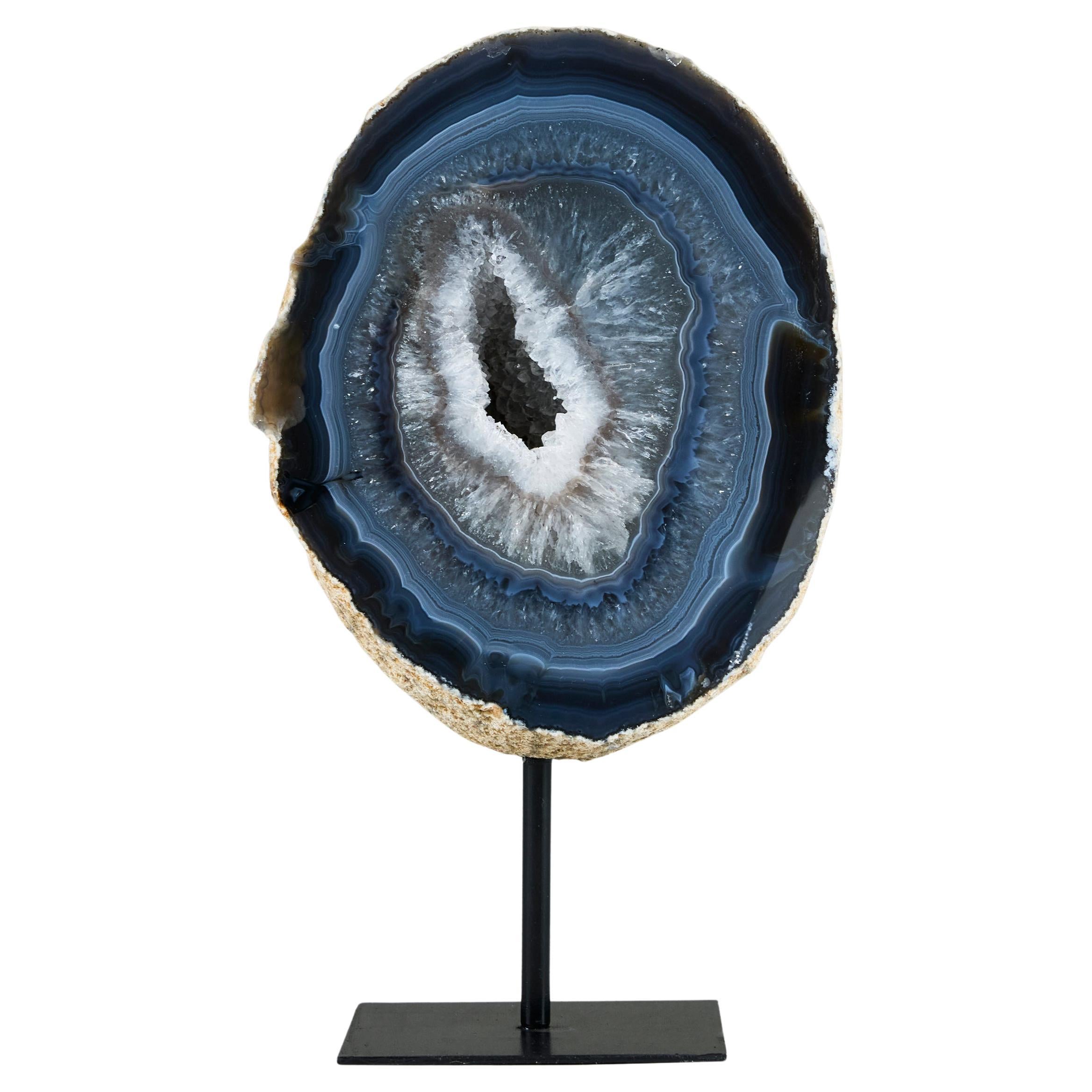 Rara Geoda de Ágata Encaje Azul y Blanca sobre soporte en venta