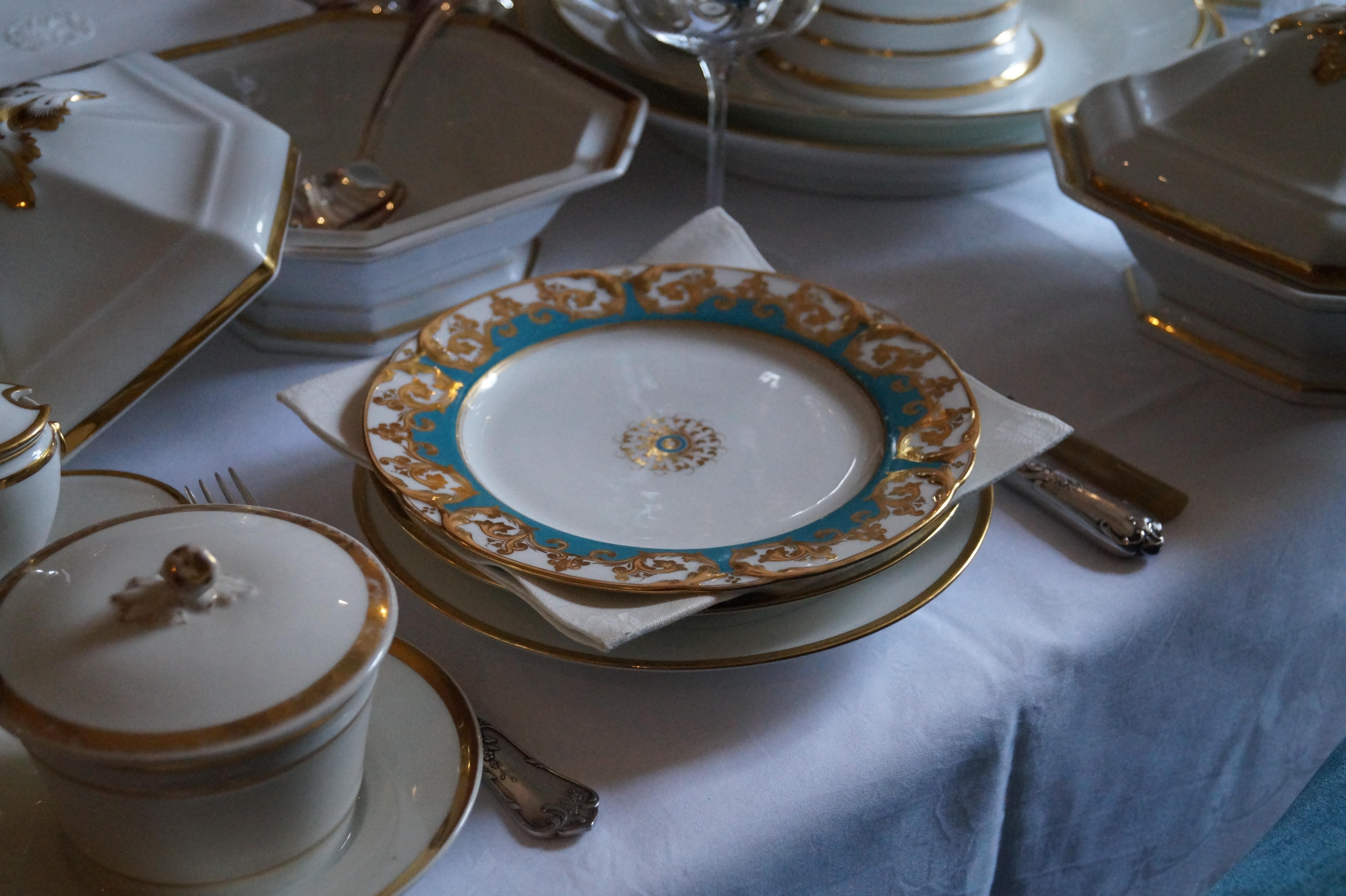 Rare Richly Decorated Old Paris Dessert Plates, France, 1880s

12 plates, France, circa 1880.
Chique and richly decorated with gold, peach and blue.
Some of the plates are marked with -Denuelle a Paris-

Measures: Diameter 22cm.