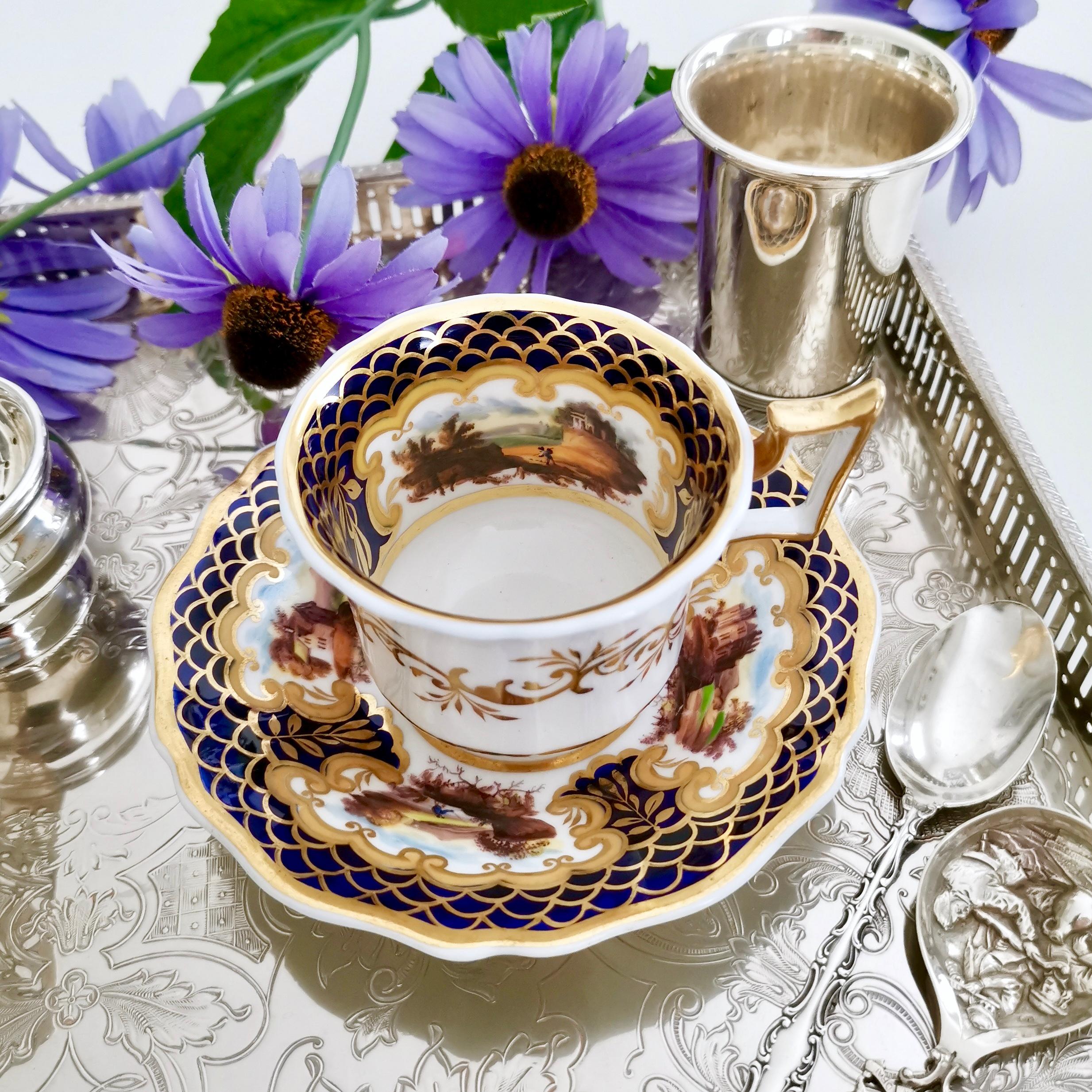 This is a rare Ridgway cup and saucer made circa 1825, which is known as the Regency period. The shape of the cup is typical for its time and is called the 
