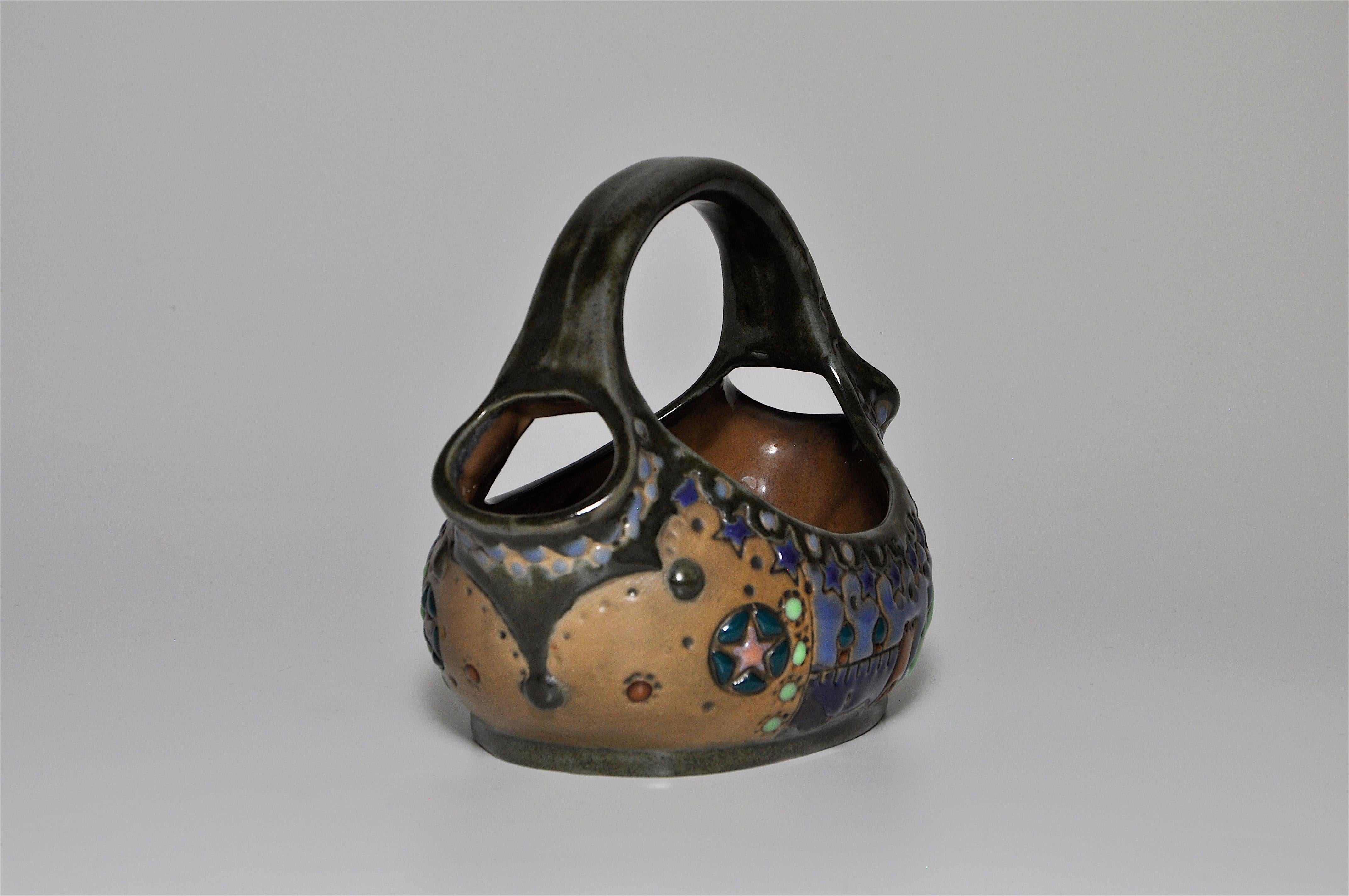 Rare Riessner and Kessel Amphora Ceramic Art Nouveau Pottery Basket For Sale 6