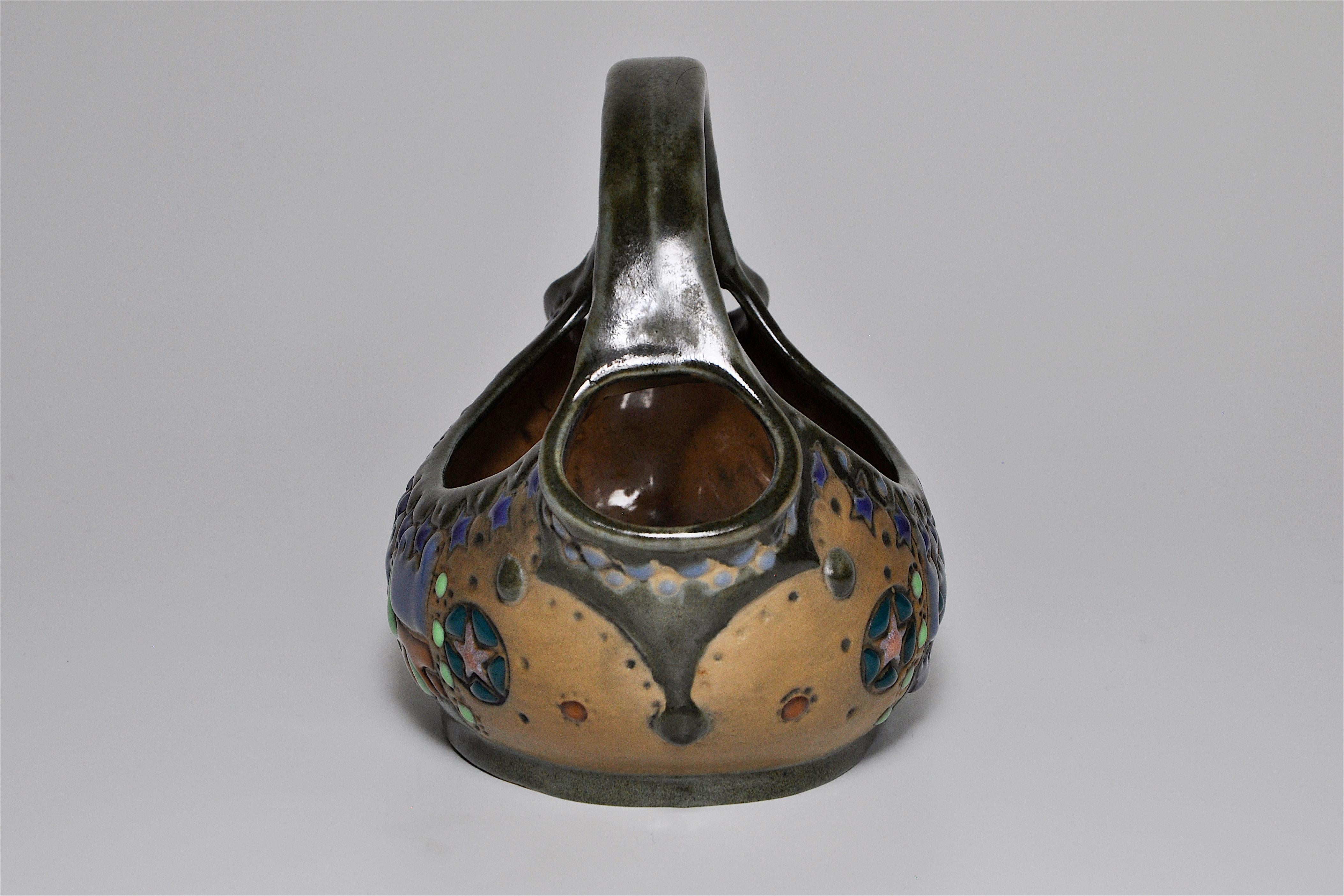 20th Century Rare Riessner and Kessel Amphora Ceramic Art Nouveau Pottery Basket For Sale
