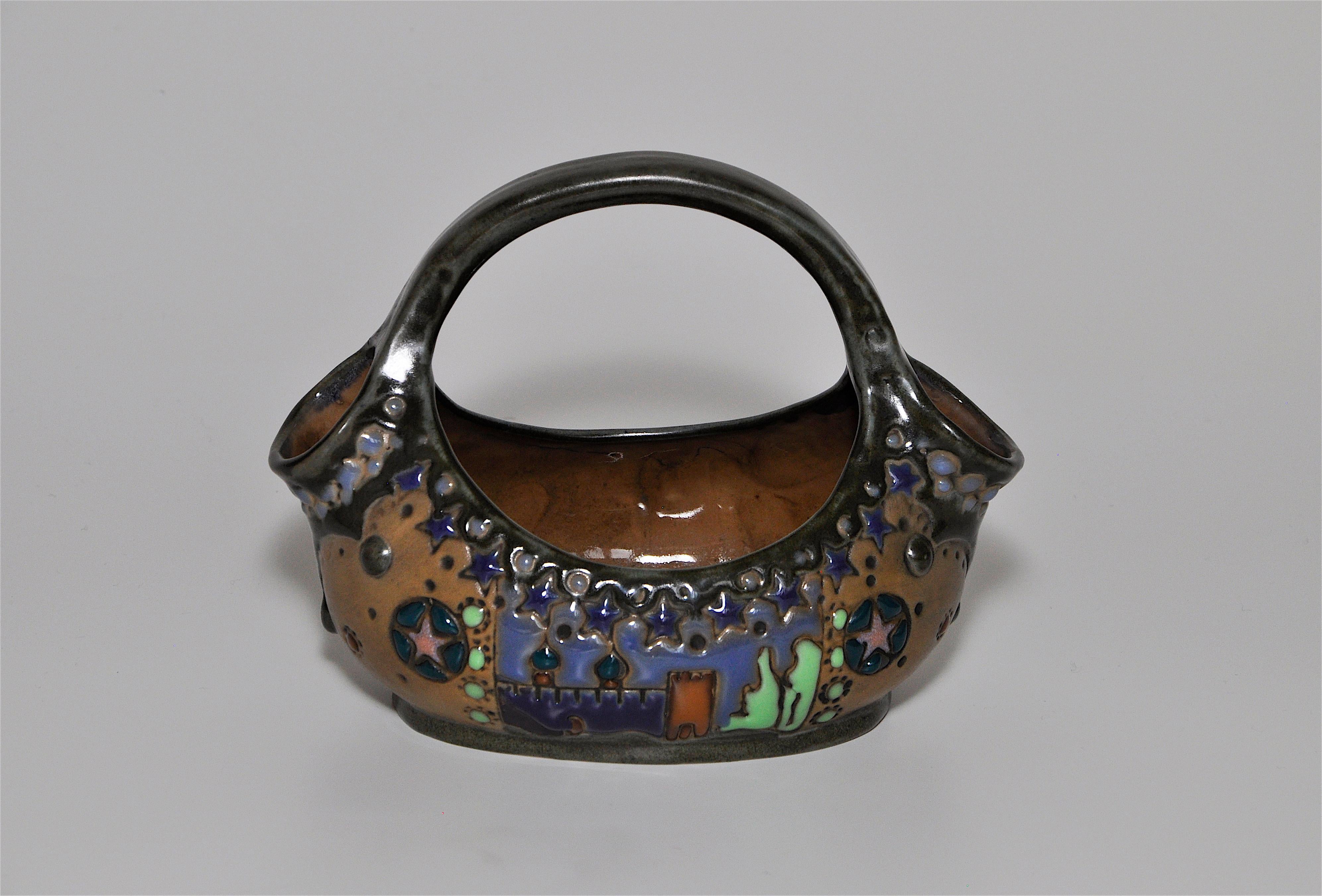 Rare Riessner and Kessel Amphora Ceramic Art Nouveau Pottery Basket For Sale 4