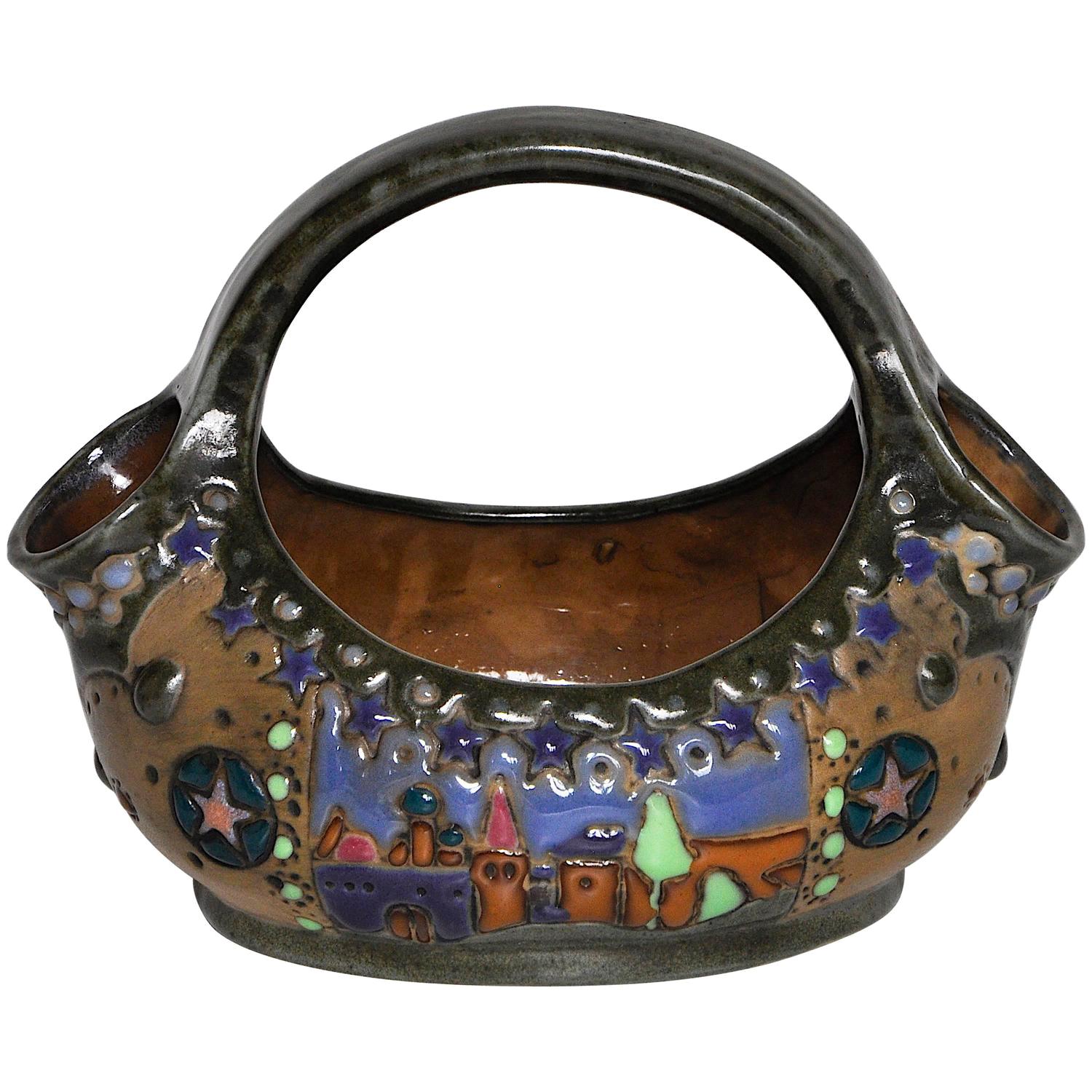 Rare panier en céramique Art Nouveau de Riessner et Kessel Amphora