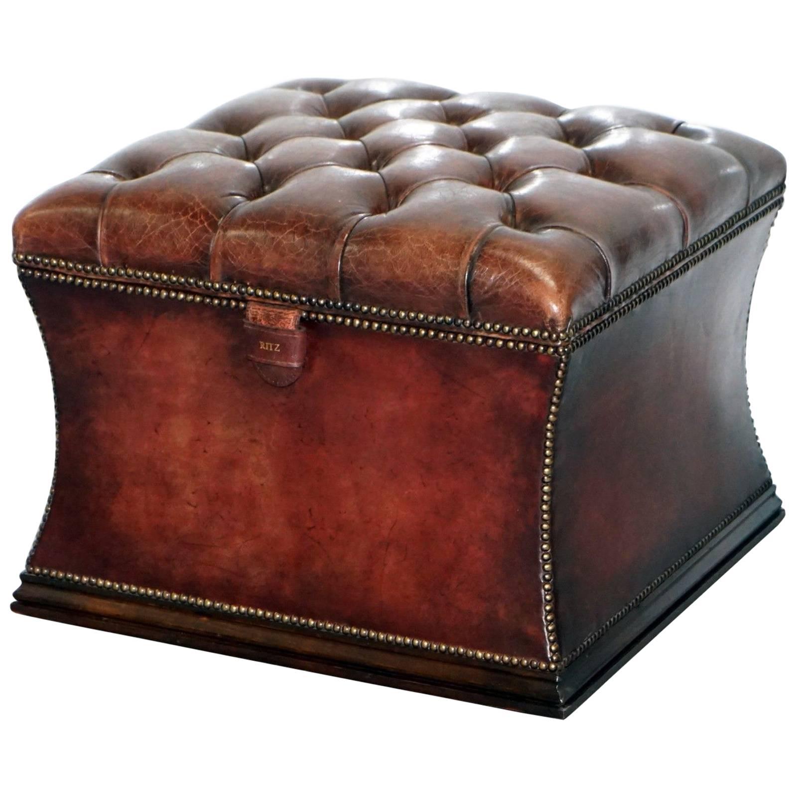 Rare Ritz London 1960s Chesterfield Brown Leather Stool Ottoman Footstool