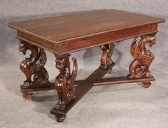 Rare RJ Horner Style Carved Winged Griffin Oak Library Writing Table Circa 1870