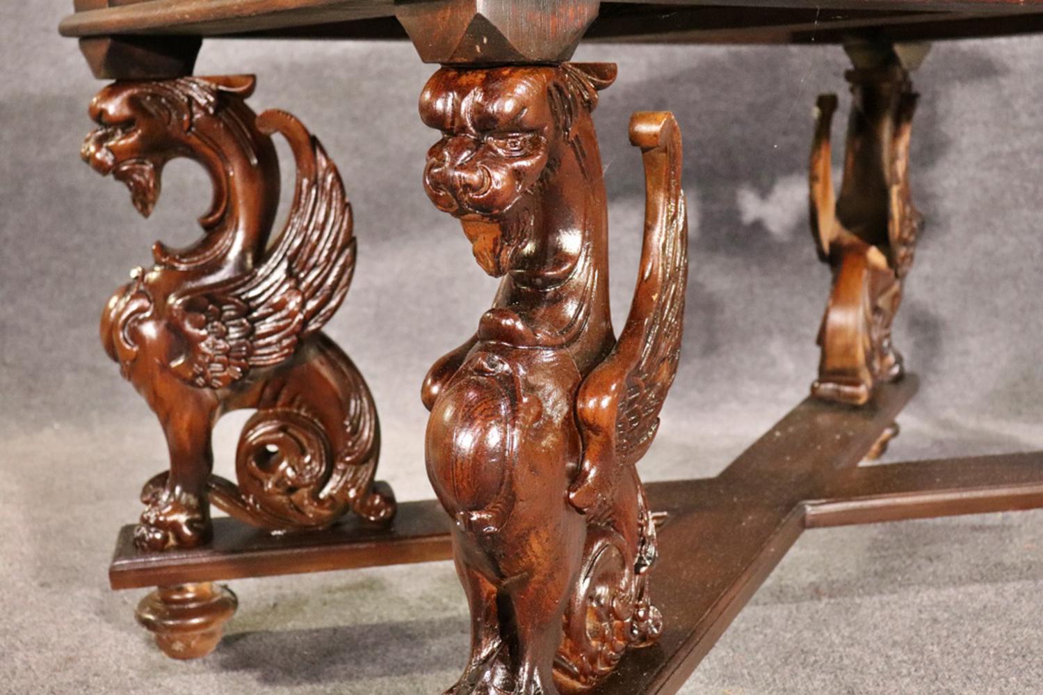 American Rare RJ Horner Style Carved Winged Griffin Oak Library Writing Table Circa 1870