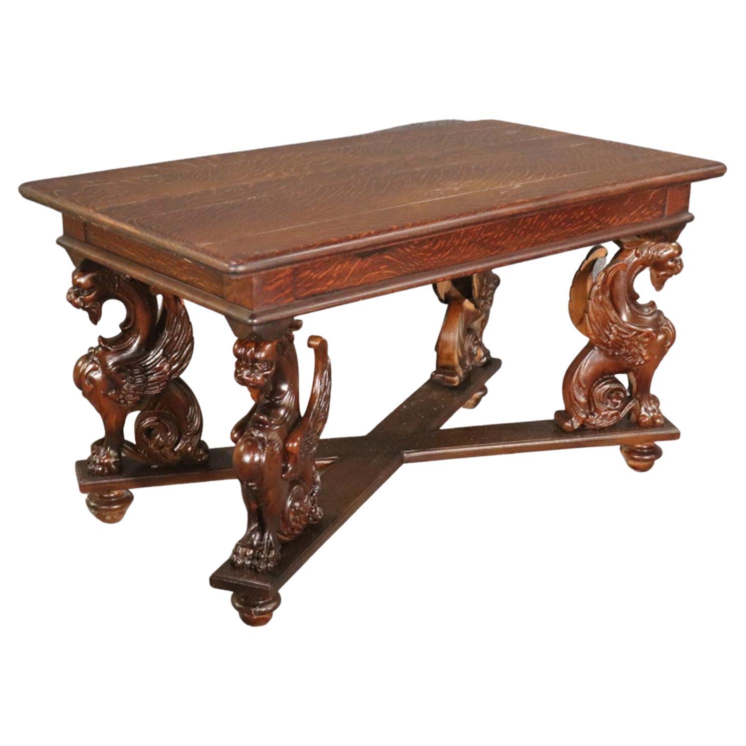 Rare RJ Horner Style Carved Winged Griffin Oak Library Writing Table Circa 1870