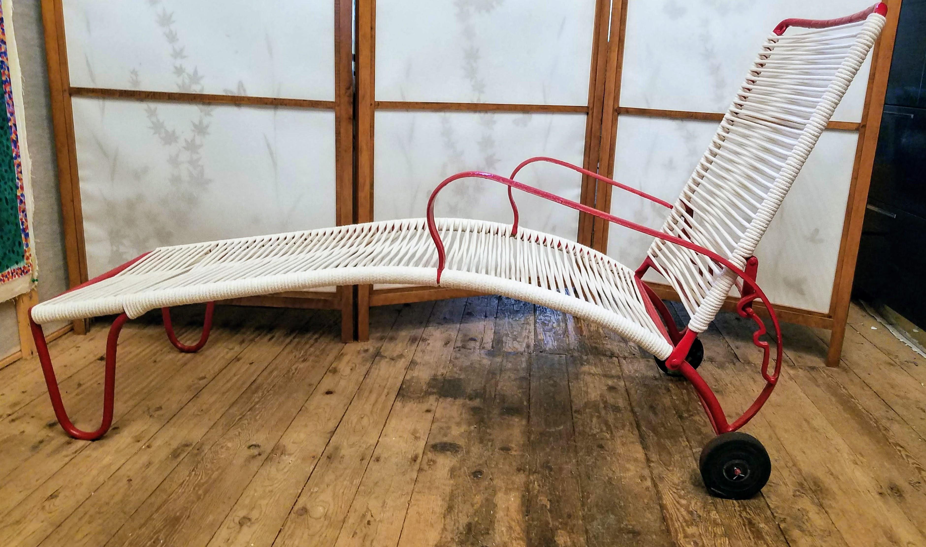 A Robert Lewis adjustable steel tube chaise lounge for outdoor and patio use hand crafted at his studio in Santa Barbara, CA. in the 1940s.
The asymmetric arms, the four inch diameter rubber wheels, the three position adjustable back and the built