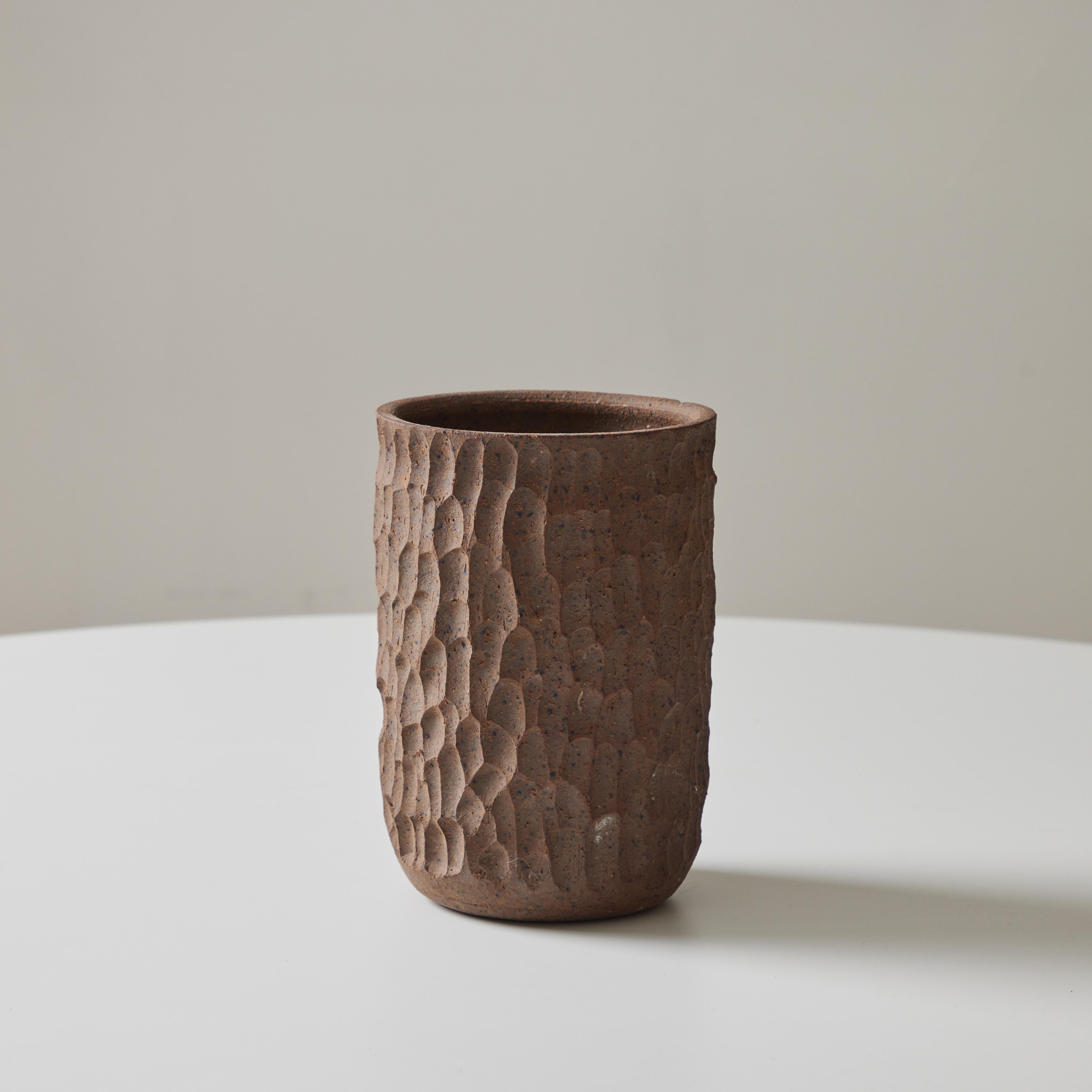 Rare Robert Maxwell & David Cressey Small Planter or Vase for Earthgender. Studio executed in hand thrown and designed textured earthenware. A very clean example from the short-lived and increasingly coveted Earth Gender design collective that only
