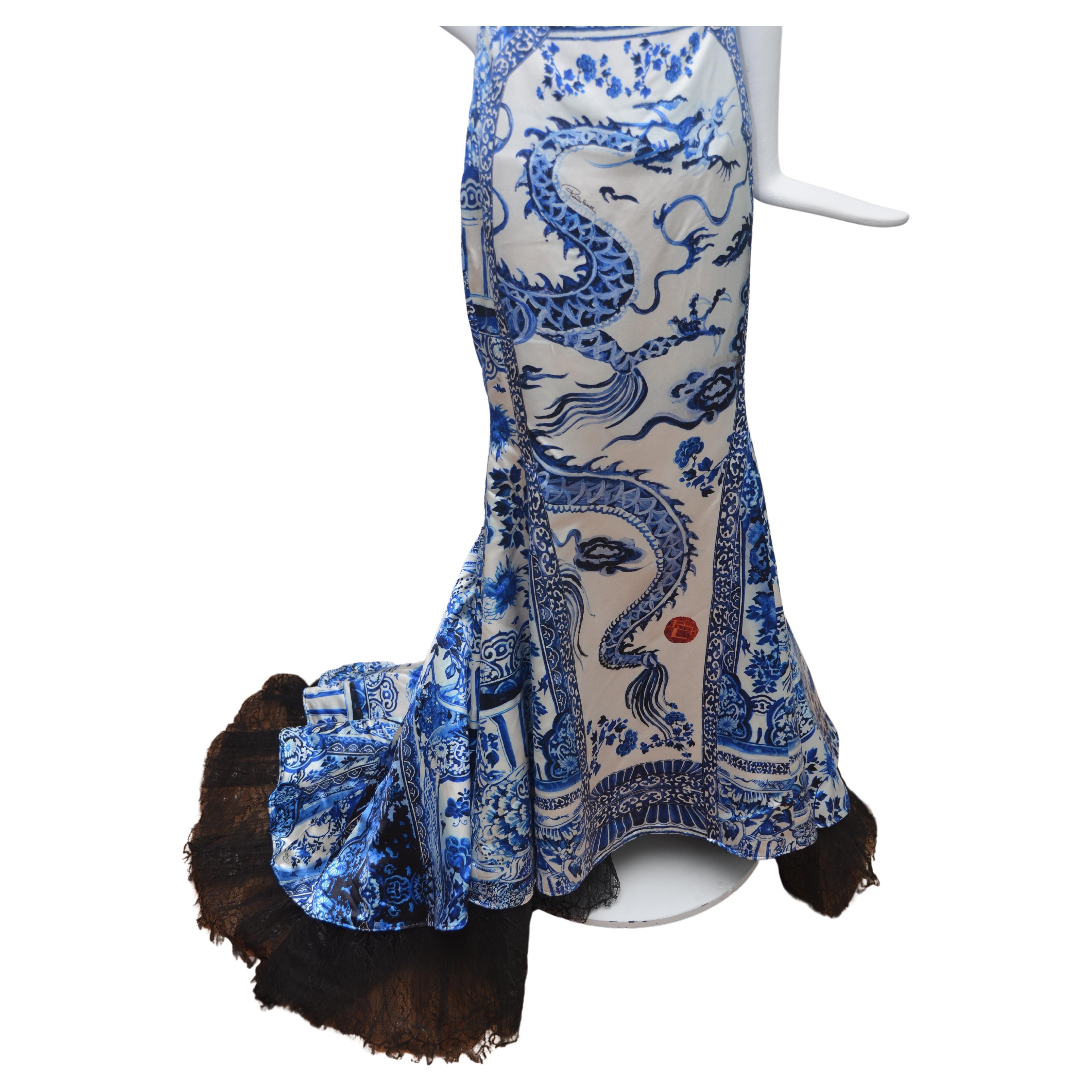 Women's Rare Roberto Cavalli Ming Porcelain Printed Silk Corseted Evening Dress FW 2005