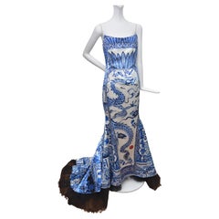 Rare Roberto Cavalli Ming Porcelain Printed Silk Corseted Evening Dress FW 2005