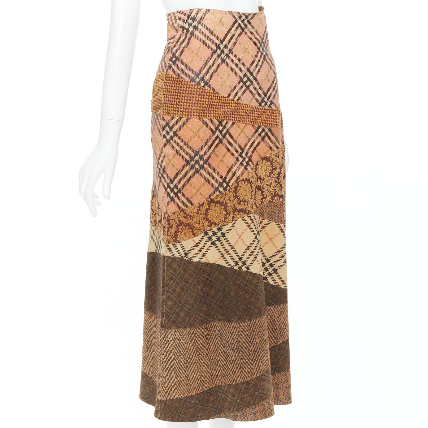 Brown rare ROBERTO CAVALLI Vintage mixed fabric print leather patchwork midi skirt XS For Sale