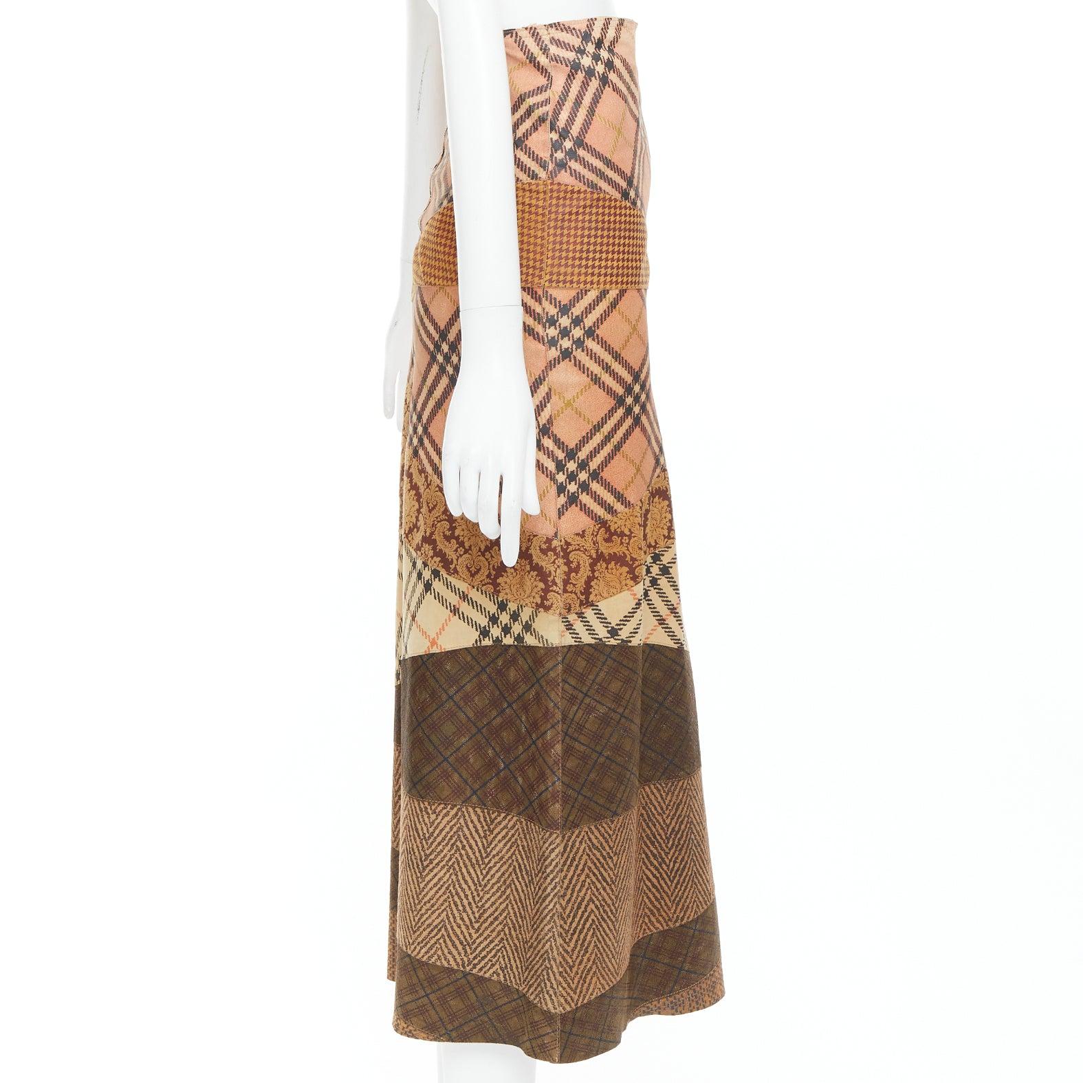rare ROBERTO CAVALLI Vintage mixed fabric print leather patchwork midi skirt XS In Good Condition For Sale In Hong Kong, NT