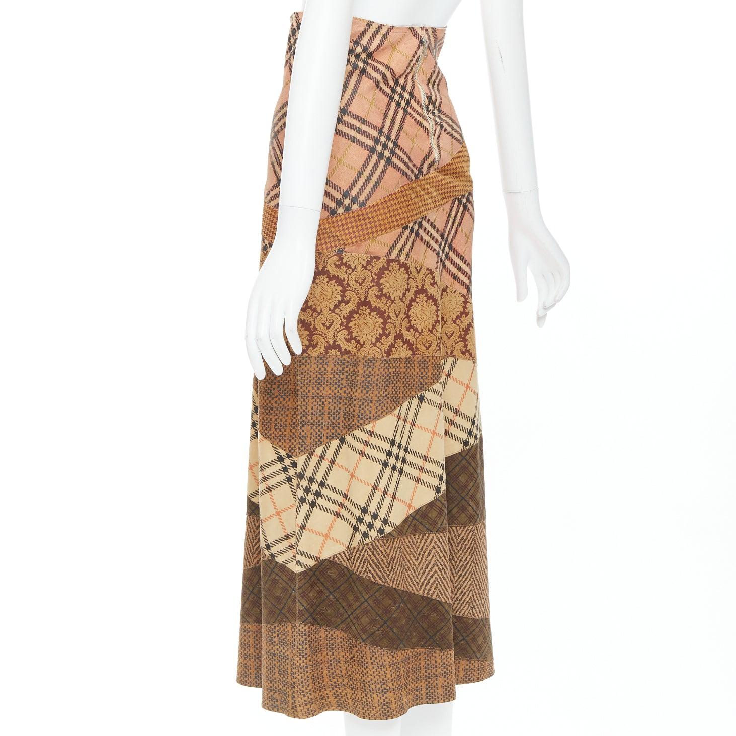 rare ROBERTO CAVALLI Vintage mixed fabric print leather patchwork midi skirt XS For Sale 1