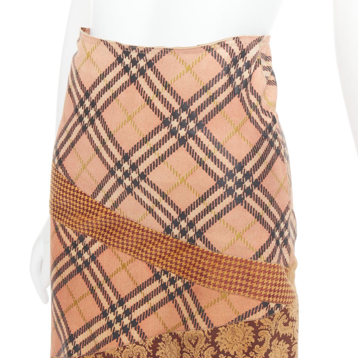 rare ROBERTO CAVALLI Vintage mixed fabric print leather patchwork midi skirt XS For Sale 2