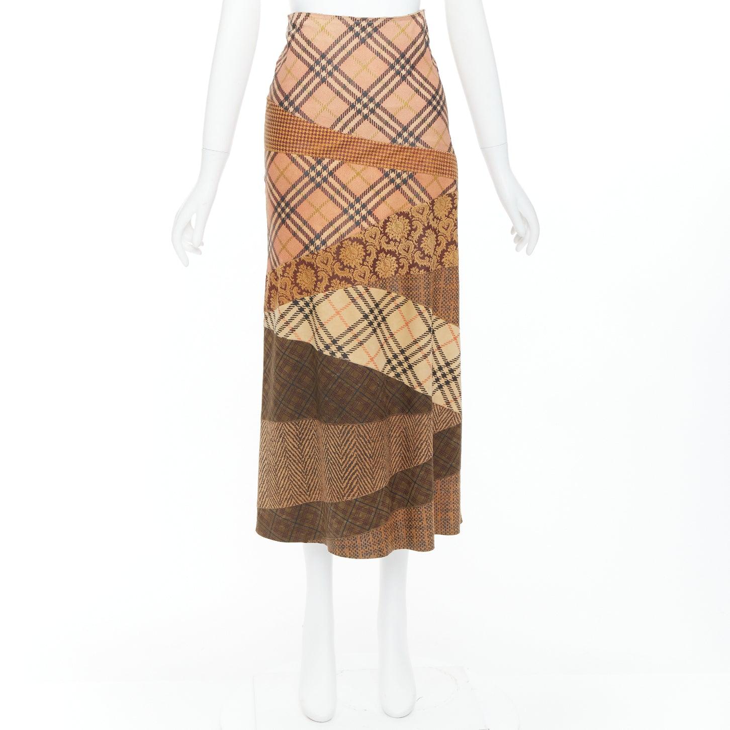 rare ROBERTO CAVALLI Vintage mixed fabric print leather patchwork midi skirt XS For Sale 4