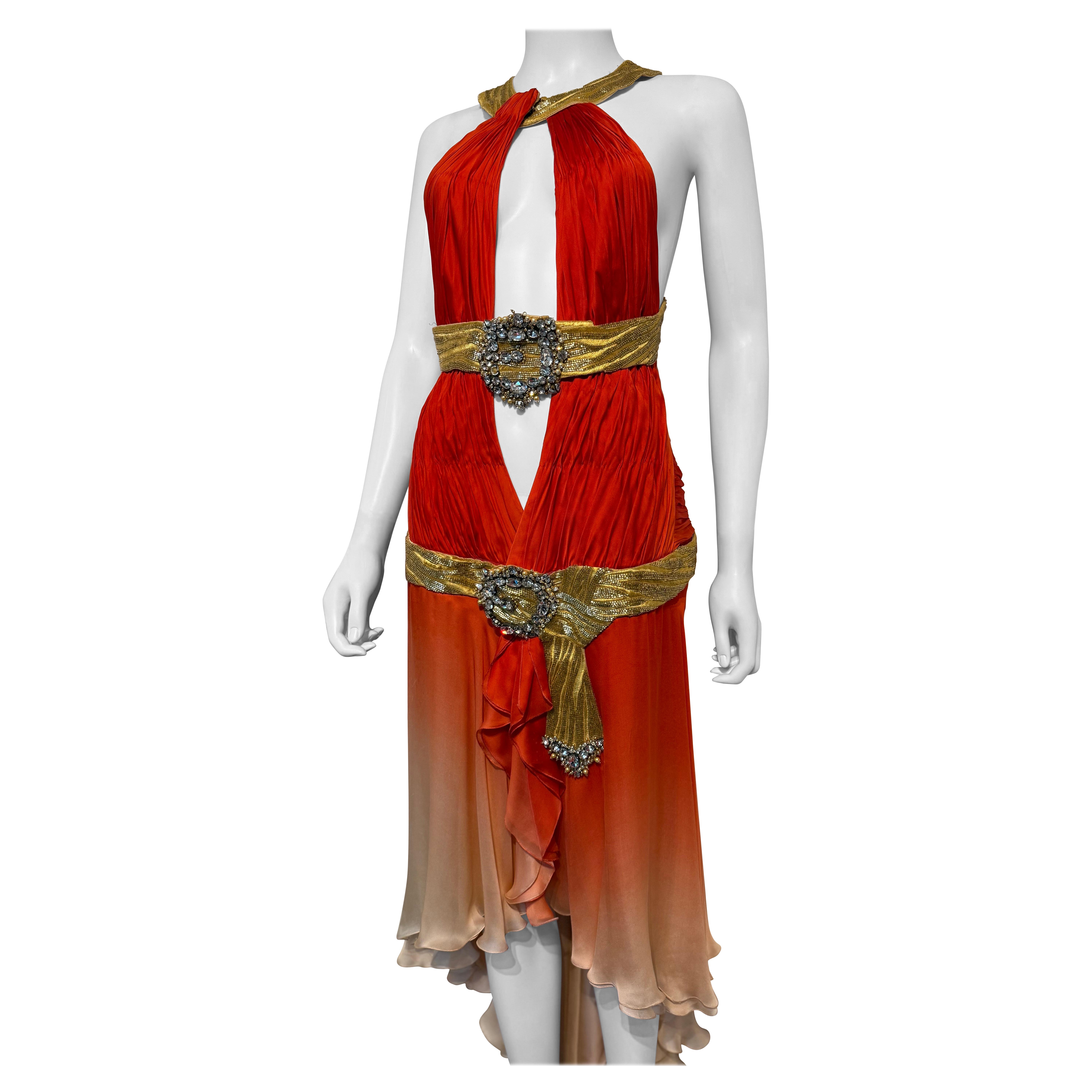 Seltene Roberto Cavalli Vintage SS 2006 Runway ikonischen Seide rückenfreies Kleid Perlen im Angebot