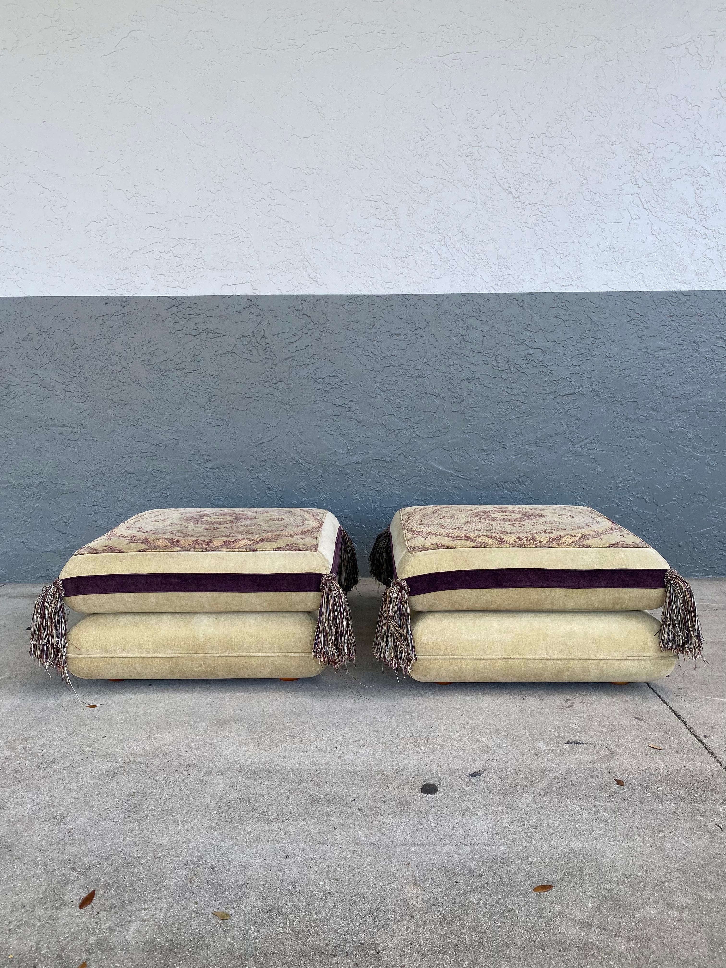 Mid-Century Modern Rare Roche Bobois “Mah Jong” Style Floor Pillowtop Ottoman Stools, Set of 2 For Sale