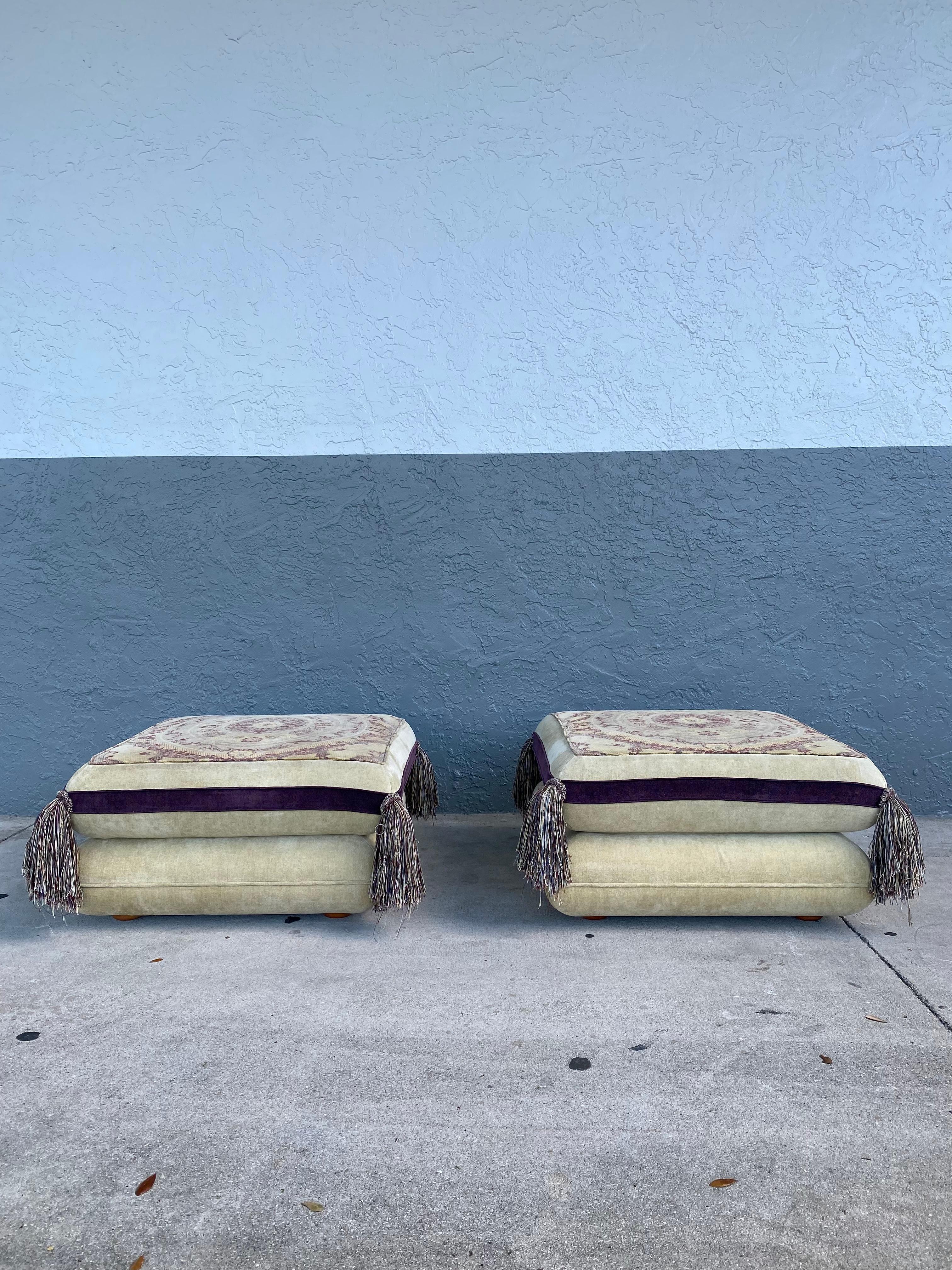 American Rare Roche Bobois “Mah Jong” Style Floor Pillowtop Ottoman Stools, Set of 2 For Sale
