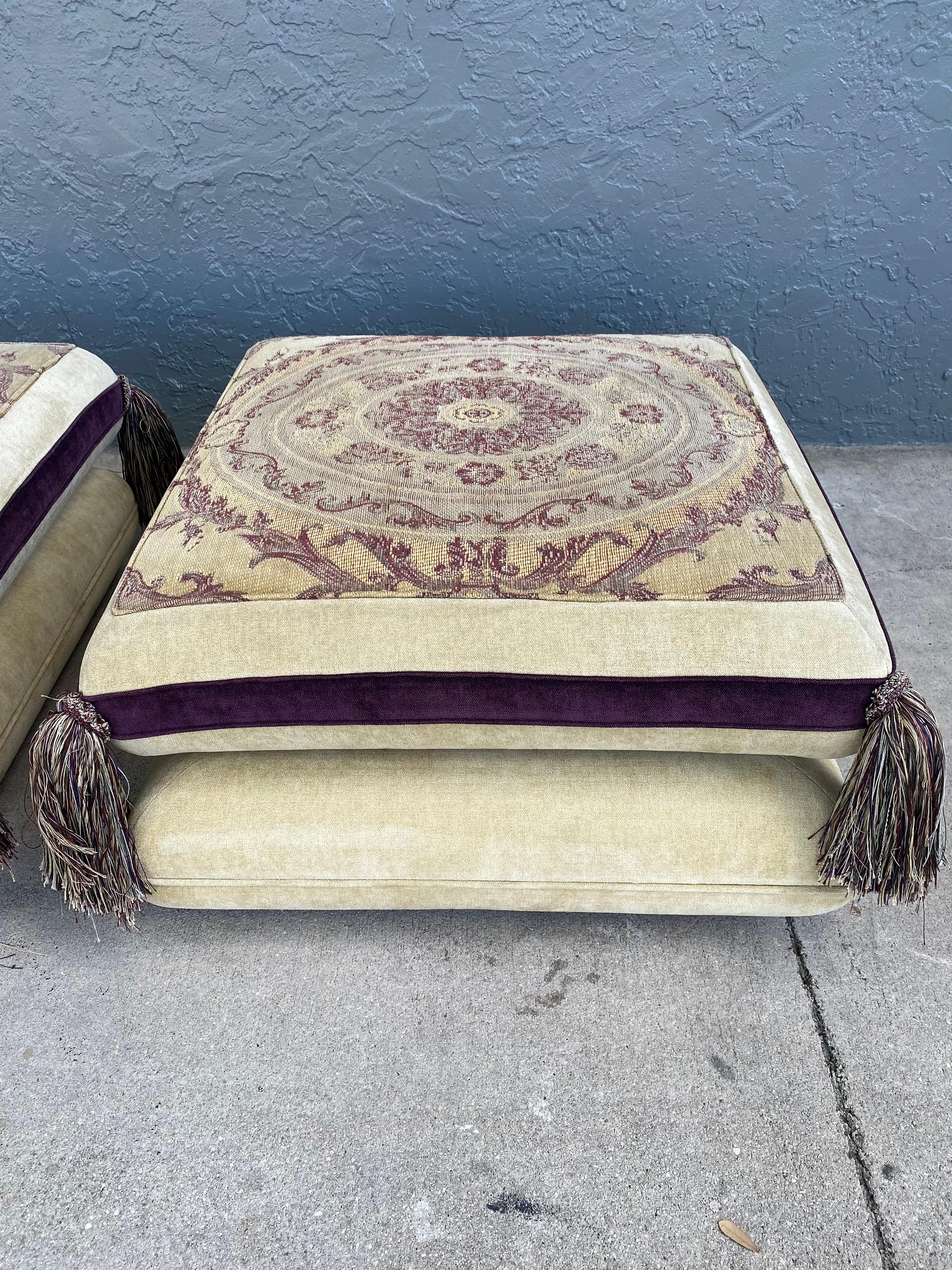 Textile Rare Roche Bobois “Mah Jong” Style Floor Pillowtop Ottoman Stools, Set of 2 For Sale