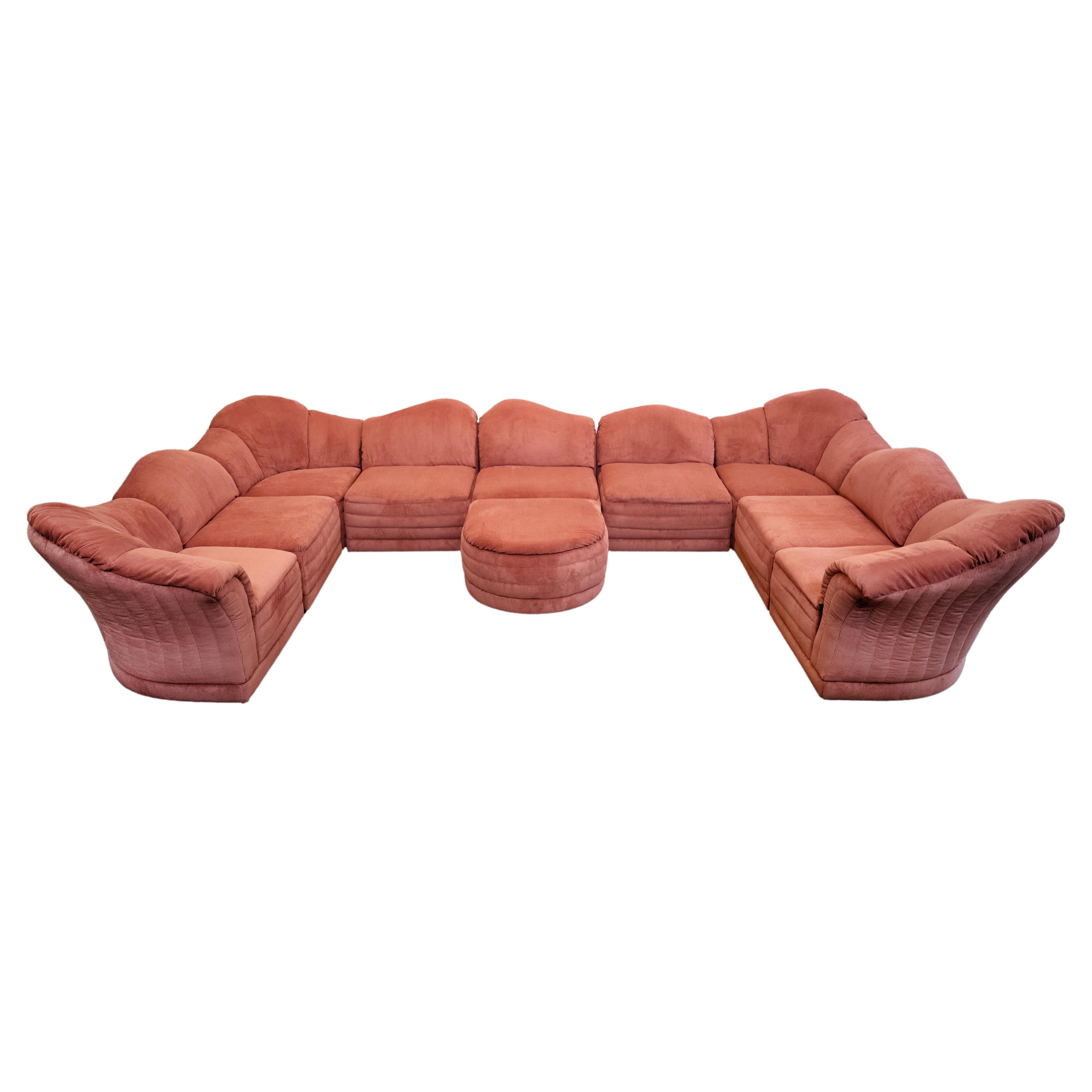 Rare Roche Bobois " Vagues " element Sofa in Coral ribbled fabric
