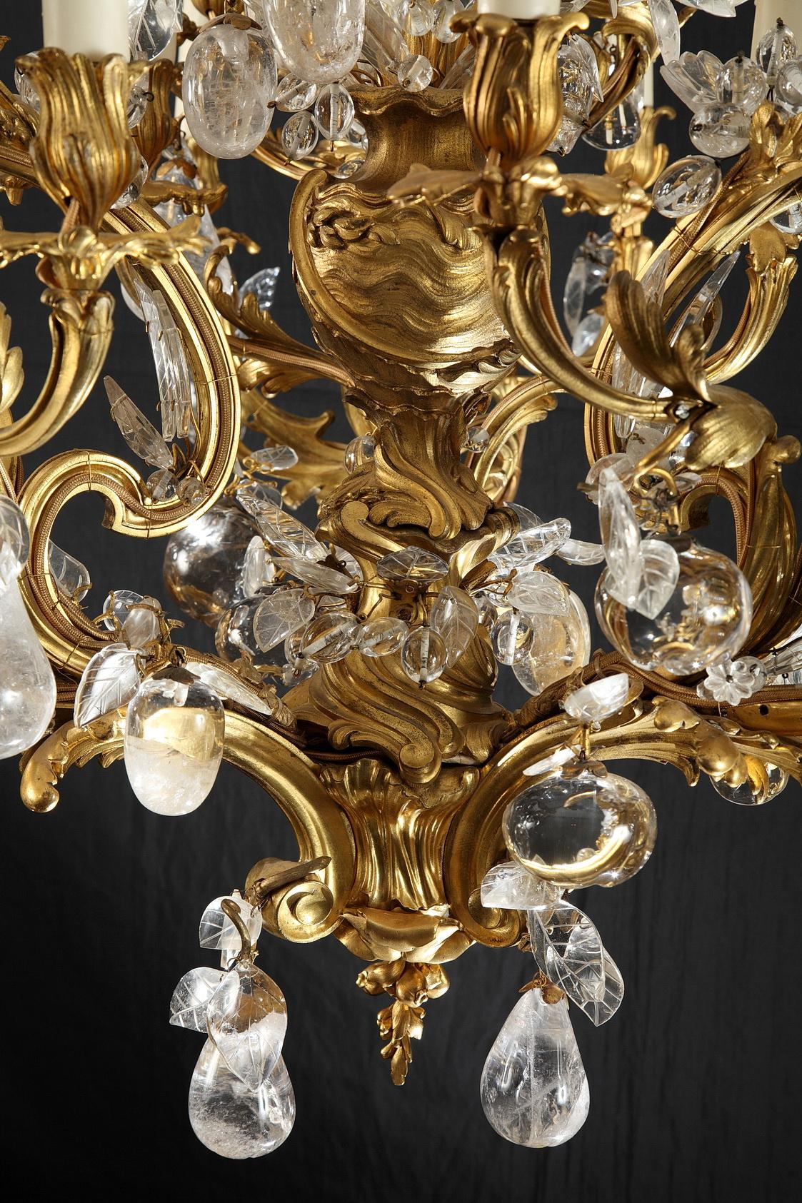 Bronze Rare Rock Crystal Chandelier Attributed to L. Messagé, France, circa 1890 For Sale