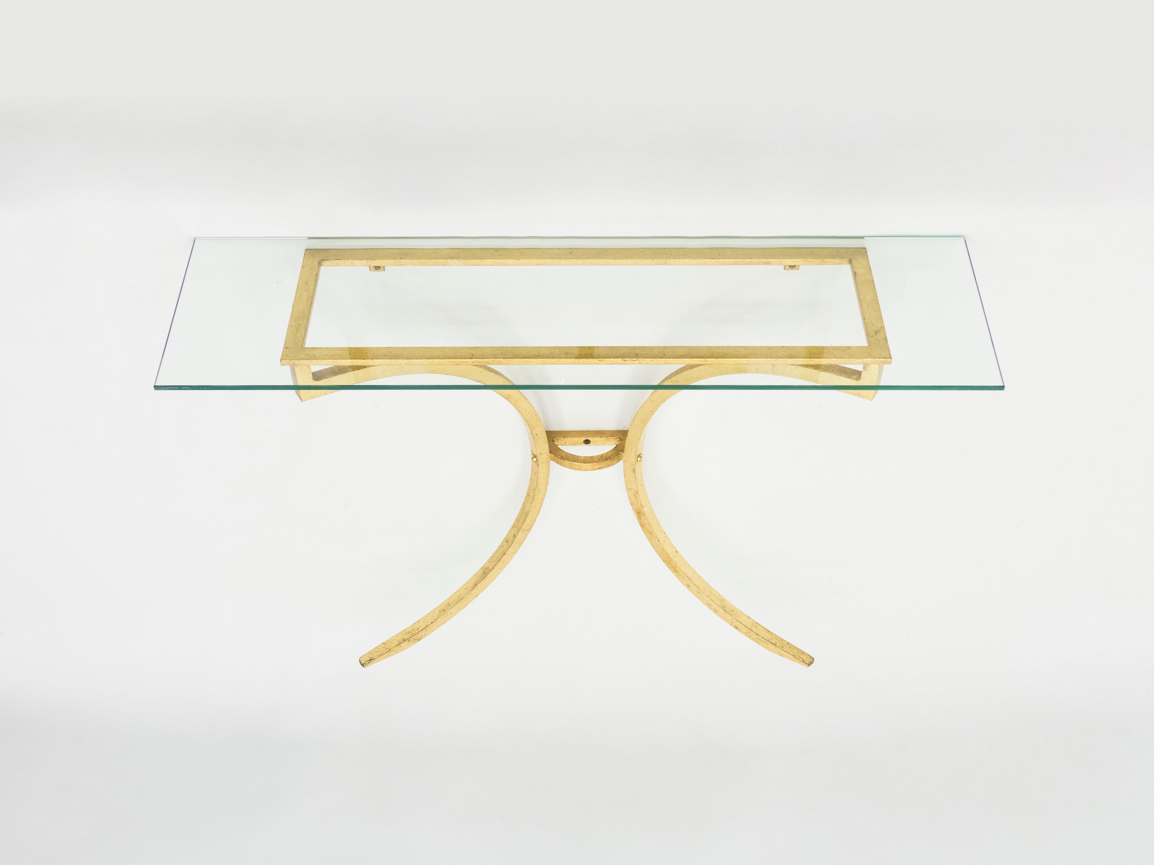 Rare table console Roger Thibier en fer forgé doré à feuilles d'or avec miroir, années 1960 2