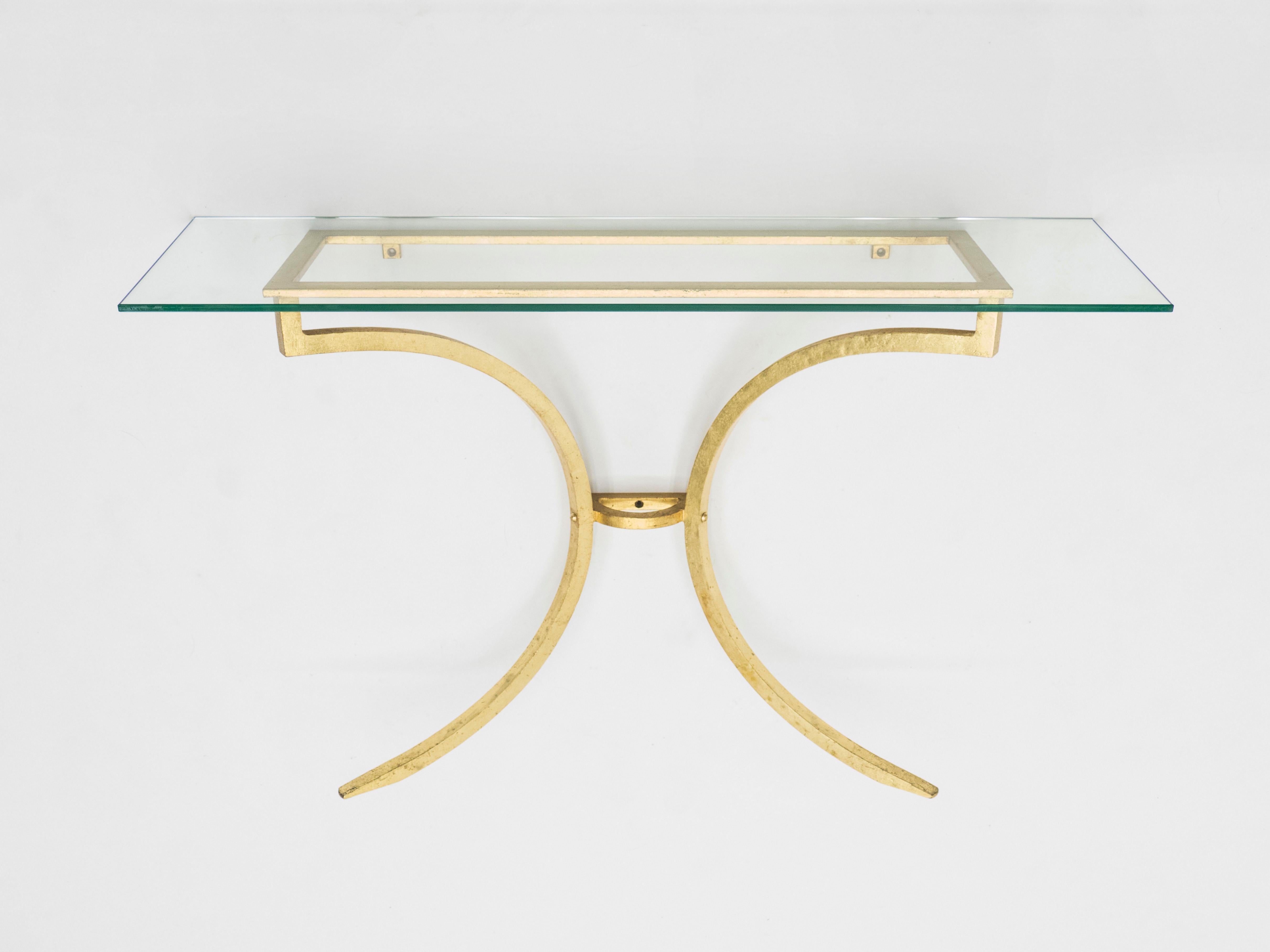 Mid-Century Modern Rare table console Roger Thibier en fer forgé doré à feuilles d'or avec miroir, années 1960 en vente