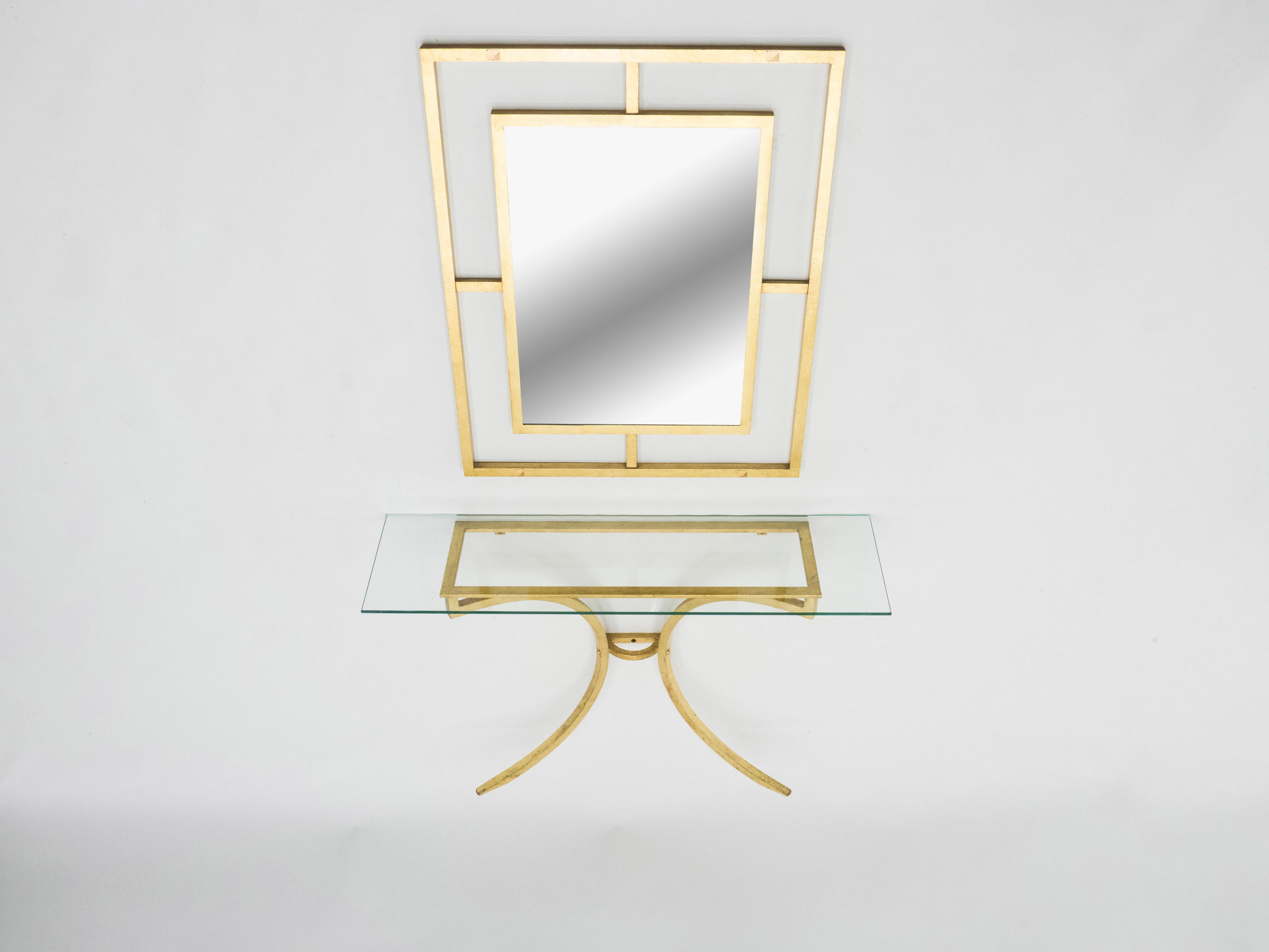 Rare Roger Thibier Gilt Wrought Iron Gold Leaf Console Table with Mirror, 1960s In Good Condition For Sale In Paris, IDF